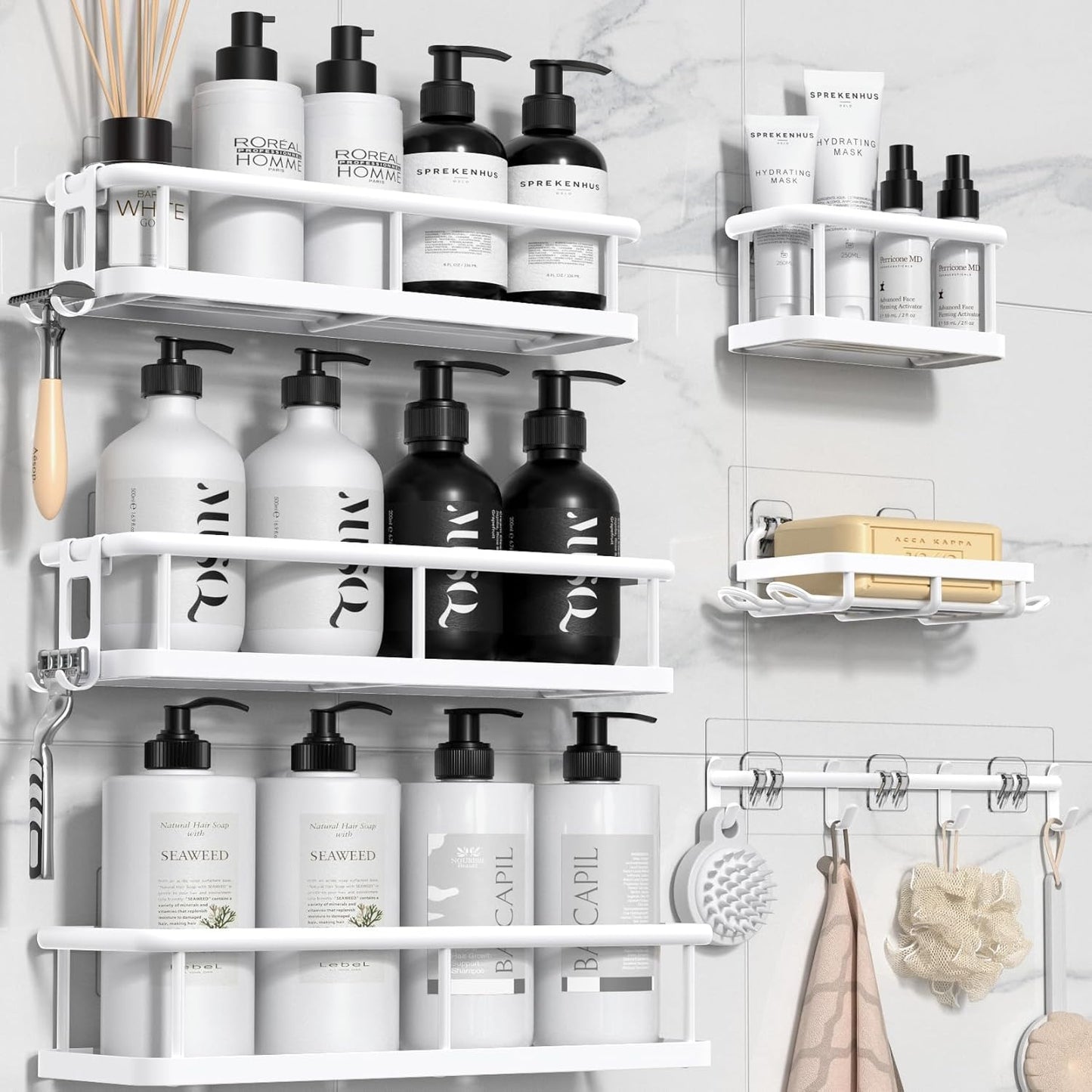 YASONIC Shower Caddy - Large Capacity Bath Organizer with Soap Holder & 12 Hooks | Rustproof White Shelves
