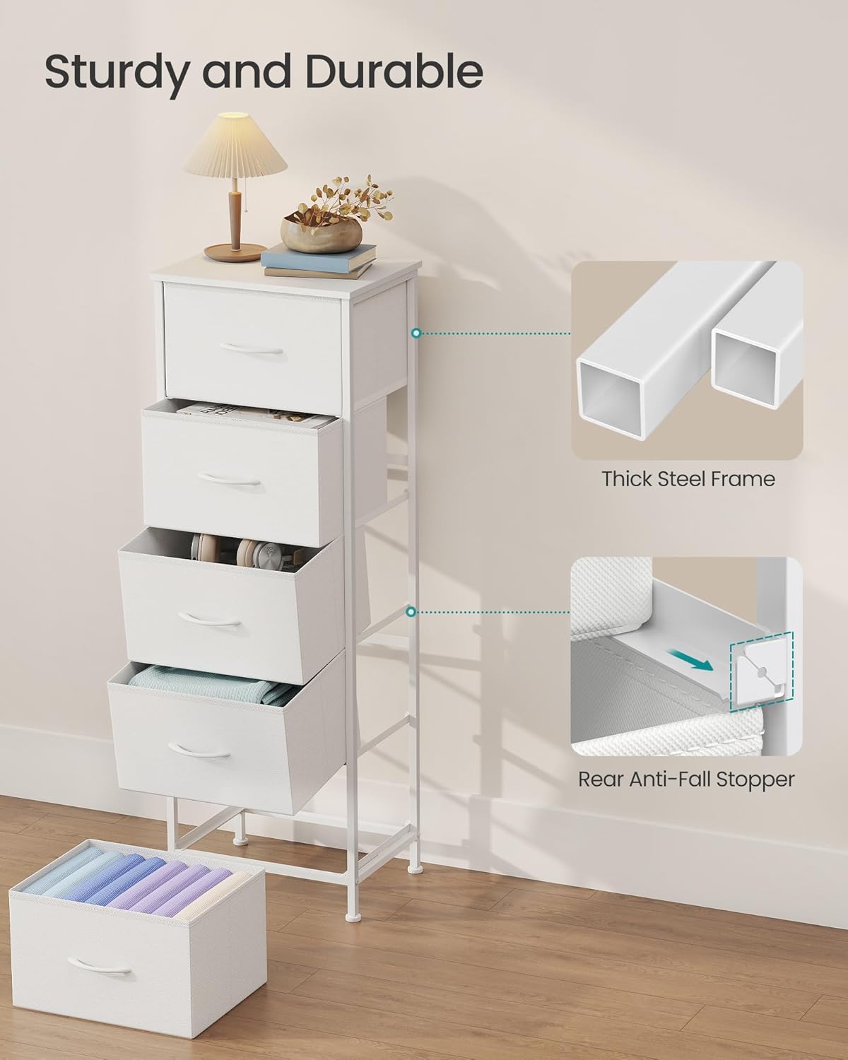 SONGMICS Dresser - Stylish Chest of Drawers with 5 Non-Woven Fabric Bins | Cloud White & Snow White