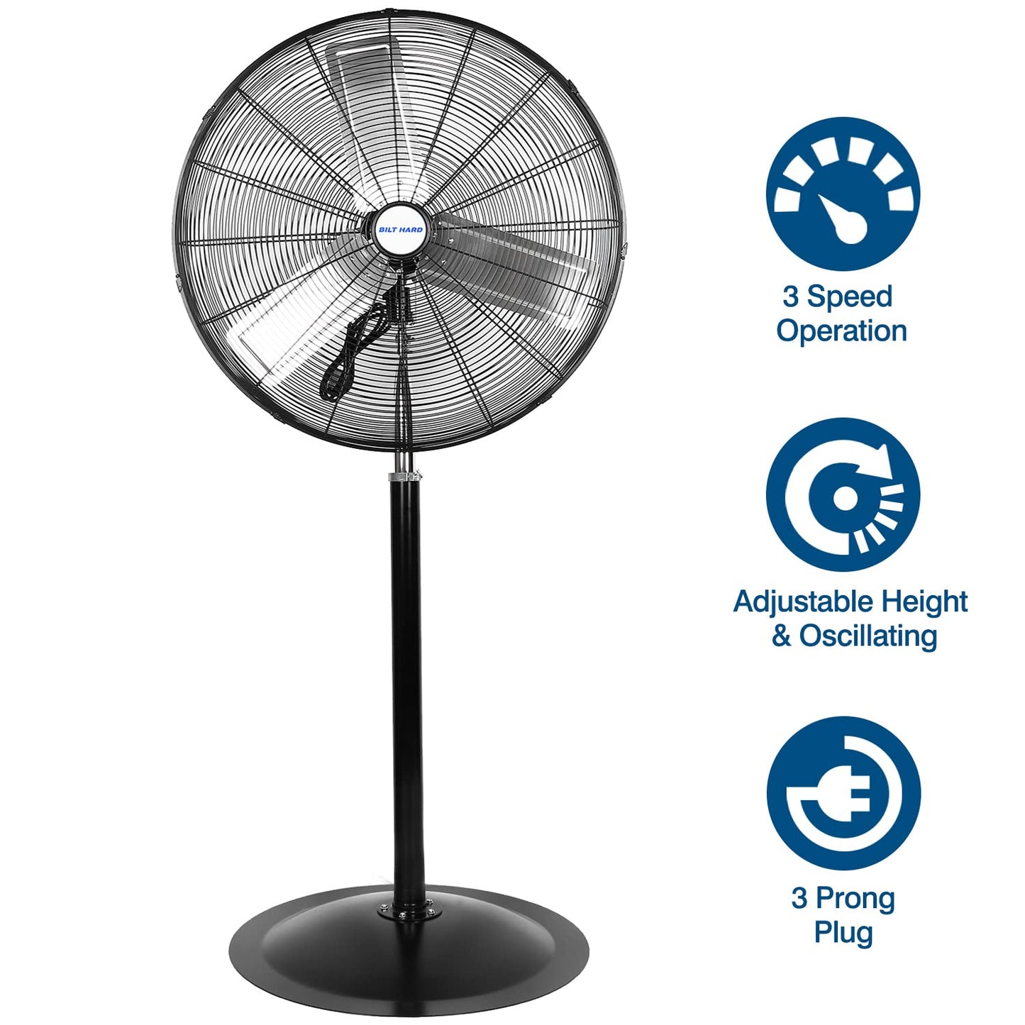 BILT HARD 6450 CFM 24" High Velocity Pedestal Oscillating Fan, 3-Speed Adjustable Height Industrial Floor Fan with Aluminum Blades, Metal Shop Fan for Commercial, and Garage