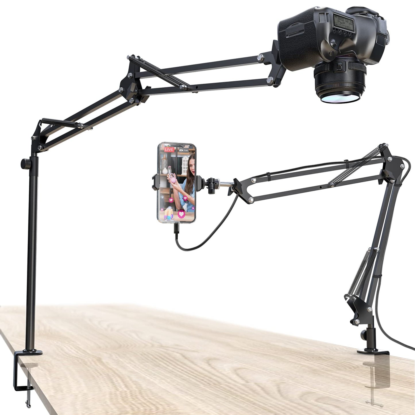 Overhead Camera Mount, Desk Camera Mount with Articulating Arm, 5lb Load Capacity, 360° Adjustable Stand for Phone/DSLR/Webcam, C-Clamp Tabletop Mount for Video Recording, YouTube, Live Streaming