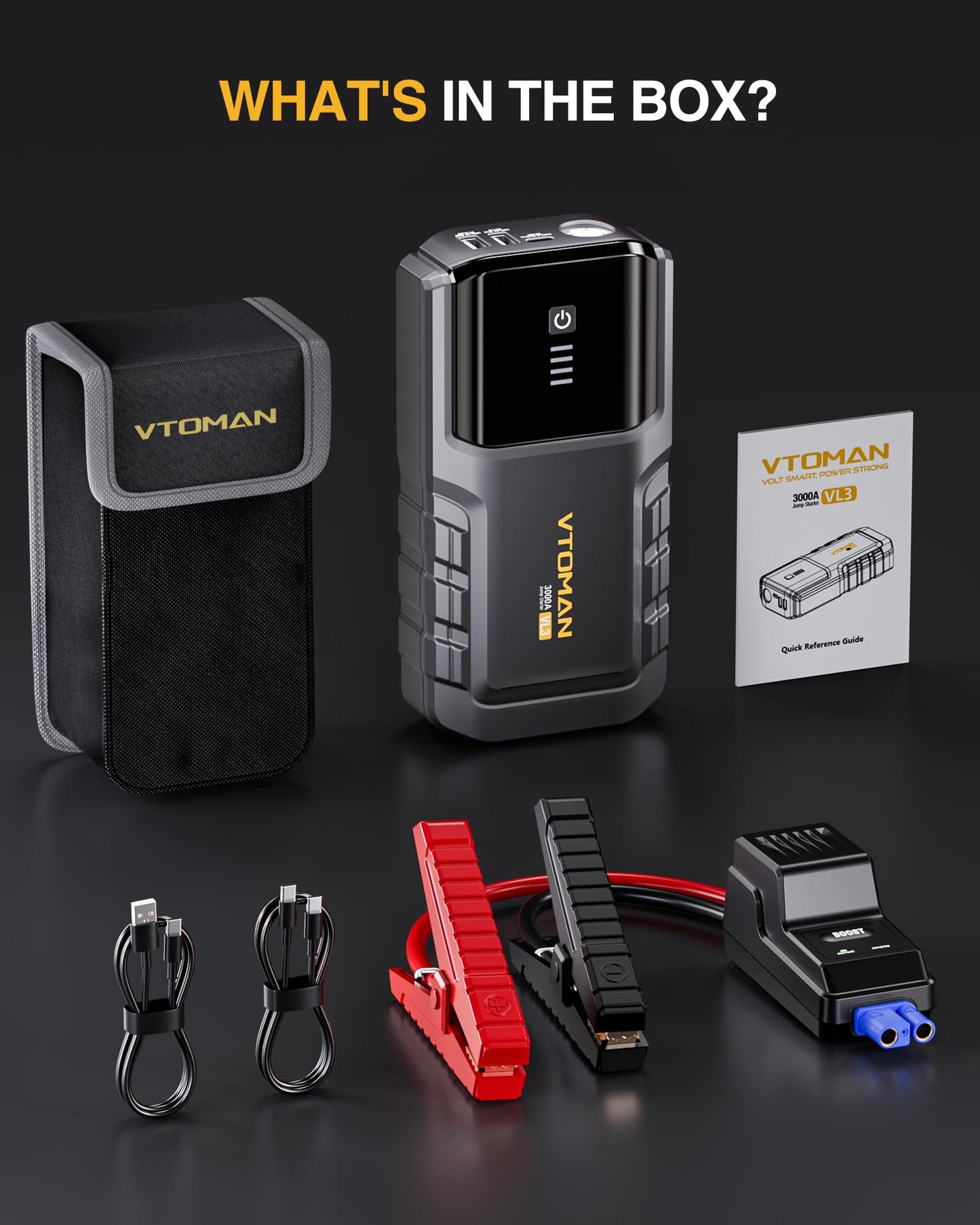 VTOMAN VL3 Jump Starter Upgraded with LiFePO4 Battery, 3000A Portable Car Battery Booster for Up to 7.0L Gas and 5.0L Diesel Engines, 12V Jump Box with LED Flashlight, Jumper Cable, Storage Bag
