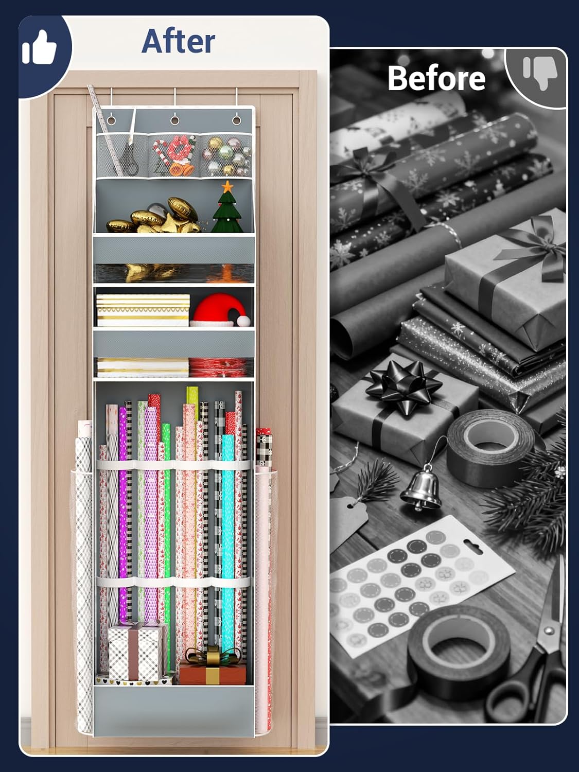 Regine Switzerland Hanging Gift Wrapping Paper Storage - Long Craft Roll Organizer in Grey