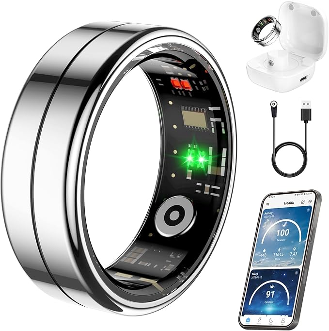 Fit Ring, Smart Health Rings for Women Men with Heart Rate,Blood Oxygen,HRV,Stress Level, Sleep Monitor, Step Tracker, No Subscription Fee, IP68 Waterproof Smart Ring for iphone &Android (Silver, 8#)