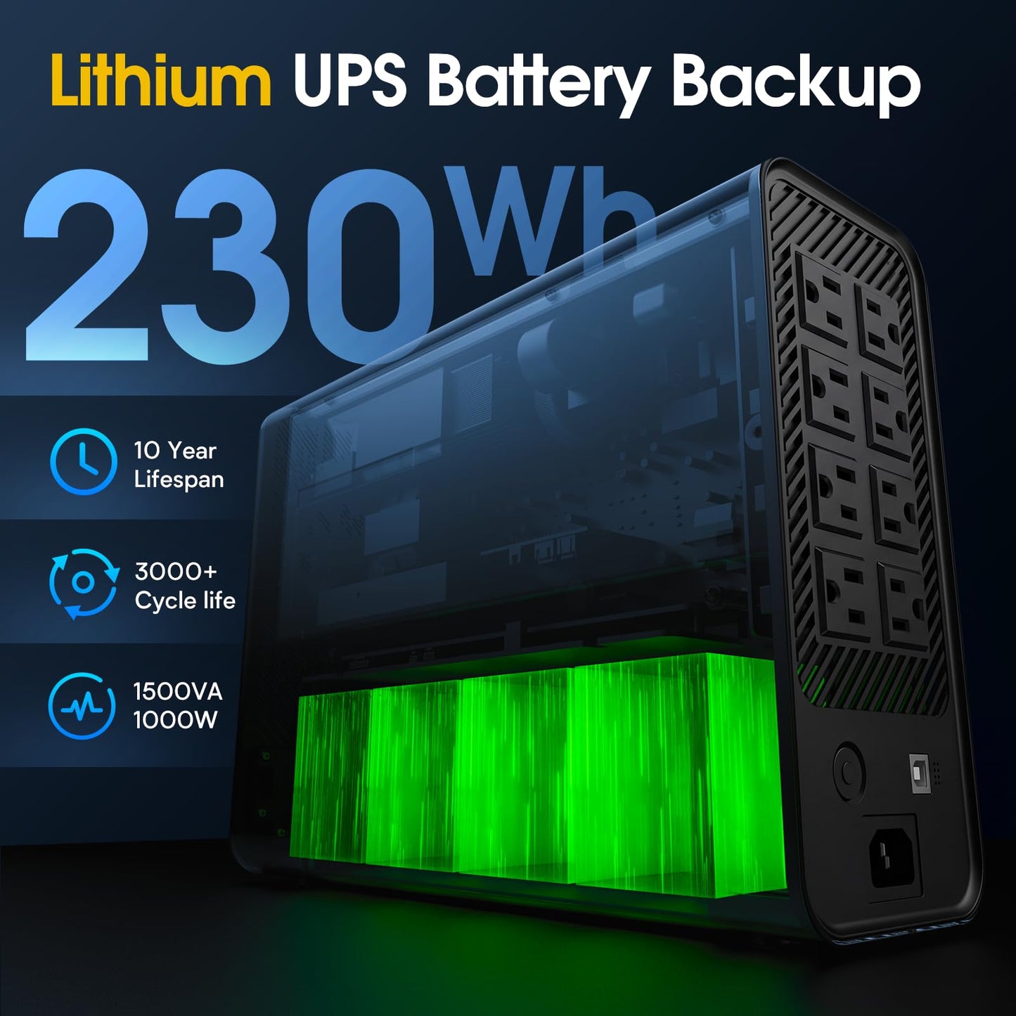 GOLDENMATE 1500VA/1000W Lithium UPS Battery Backup and Surge Protector, 230Wh LiFePO4 Battery Backup, Sinewave UPS with USB Communication Port, 8 Outlets & 2 USB Ports, LCD Display, White