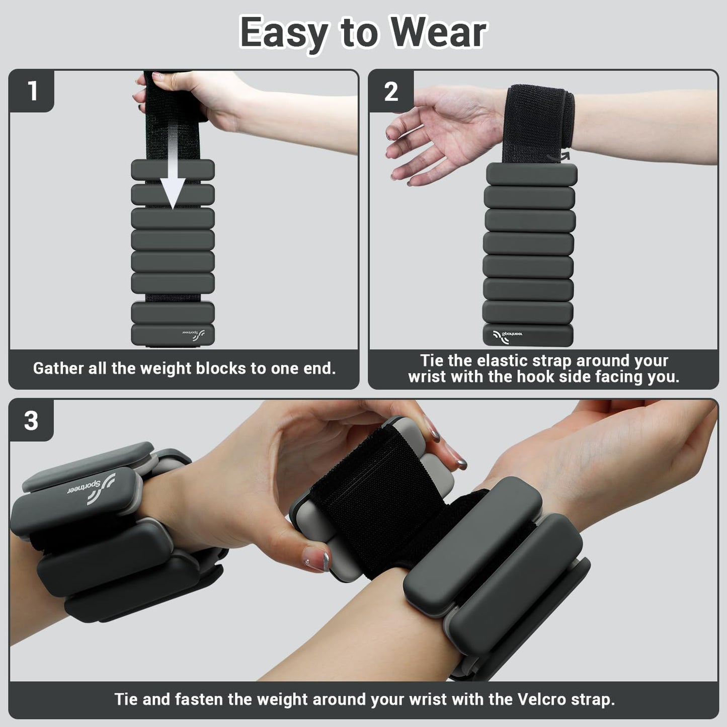 Sportneer Wrist & Ankle Weights for Women Men - 1 Pair (1 lb/2 lb Each) | Adjustable Weighted Bracelet Silicone Bangles for Yoga, Dance, Pilates, Cardio, Aerobics, Gym, Pool Exercises and Jogging (Polar Night Black, 2 LBS x 2)