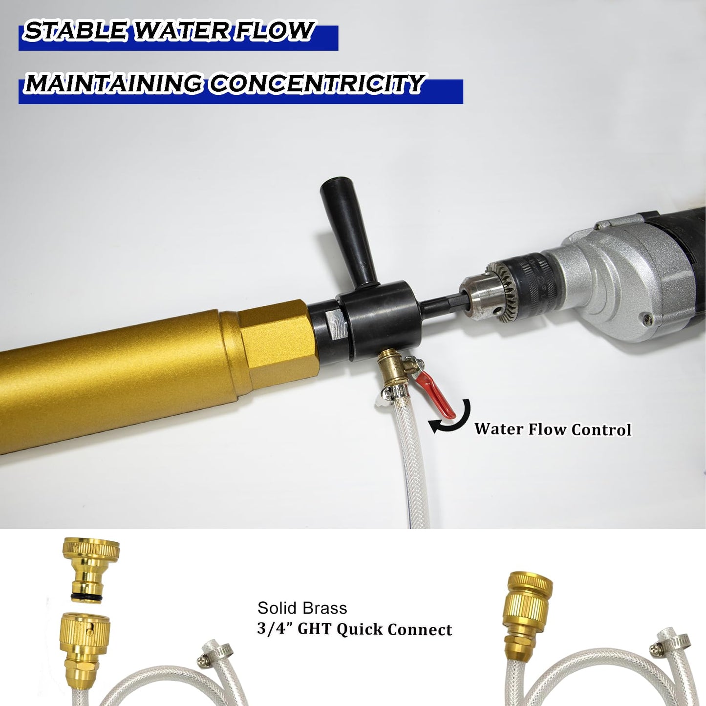 DaduoRi 6" Wet Core Drill Bit with Water Injection Capable Adapter for 1/2" Hex Shank - Includes Solid Brass Quick Connector and Hose - Convenient 1 1/4"-7 Thread Core Bit with Water Feed Design
