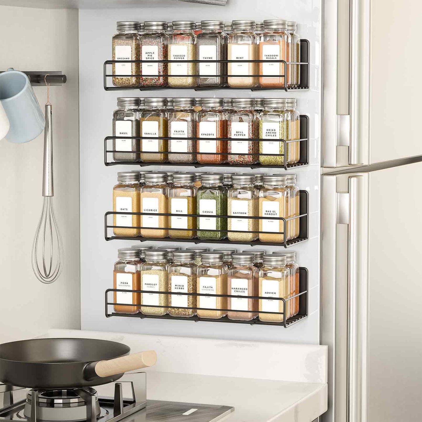SpaceAid 4 Pack Magnetic Spice Rack with 48 Spice Jars, 400 Spice Labels and Funnel, Space Saving Refrigerator Fridge Oven Shelf Organizer