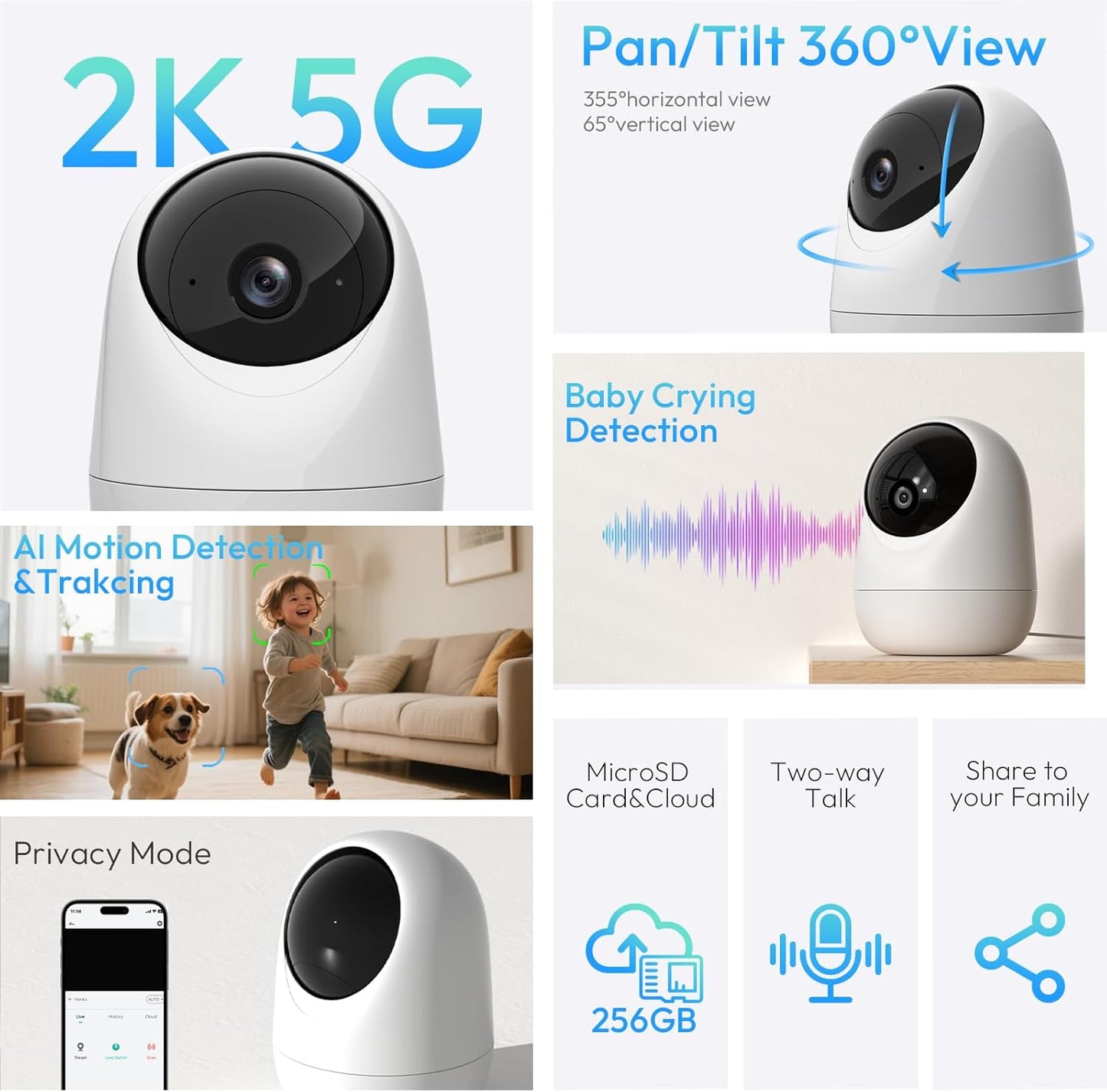 Rraycom 5G&2.4G WiFi,2K Security,360Pan 2-Way Indoor Camera Security Cameras for Home & Tilt, Dog/Pet Baby Camera