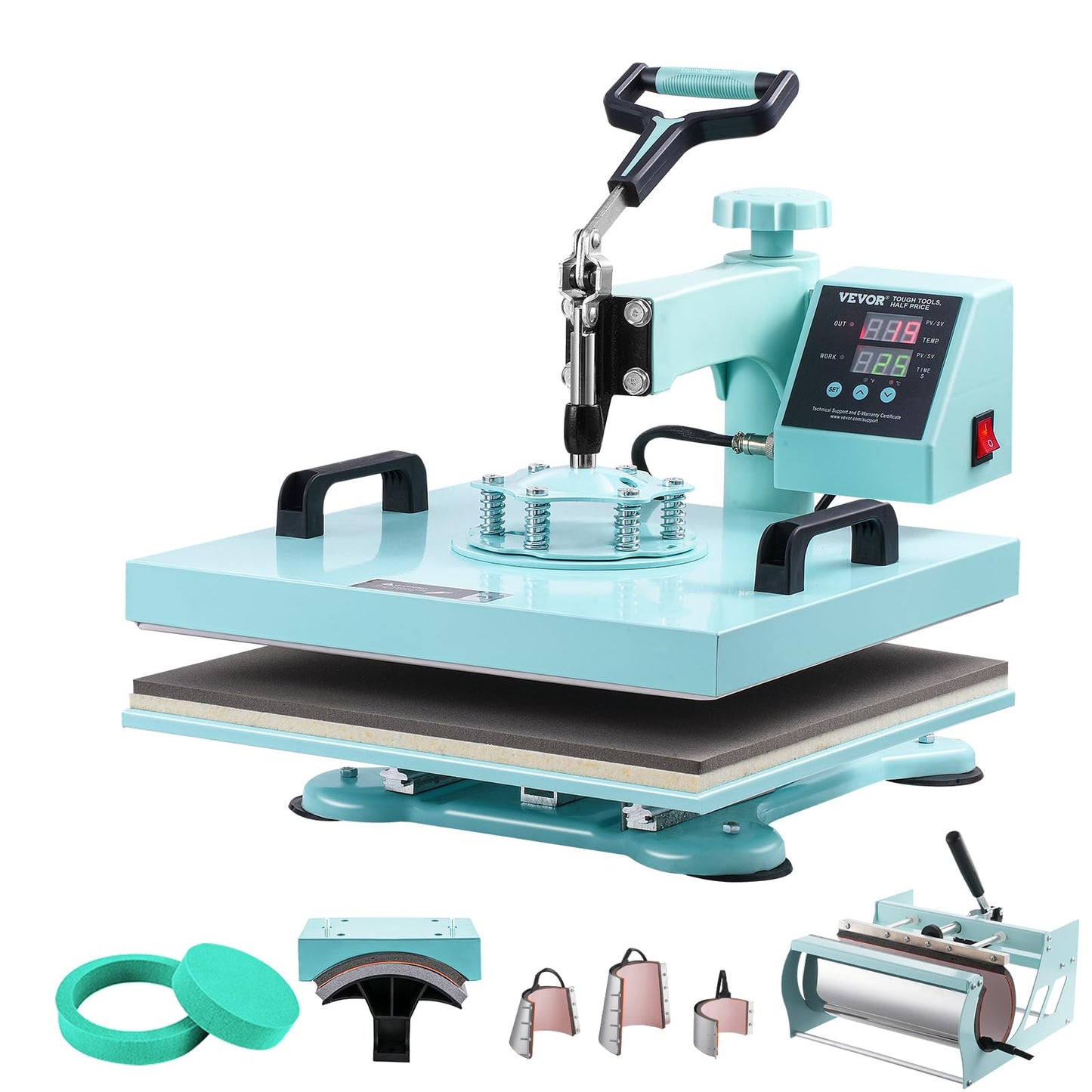 VEVOR 15x15 Heat Press Machine 8 in 1 Combo with 30 OZ Tumbler Press & Hat Press, Slide Out Heat Press Sublimation Machine for T-Shirts, Hats Caps Tumblers Glass Cans Mugs, and Plates (Light Green)