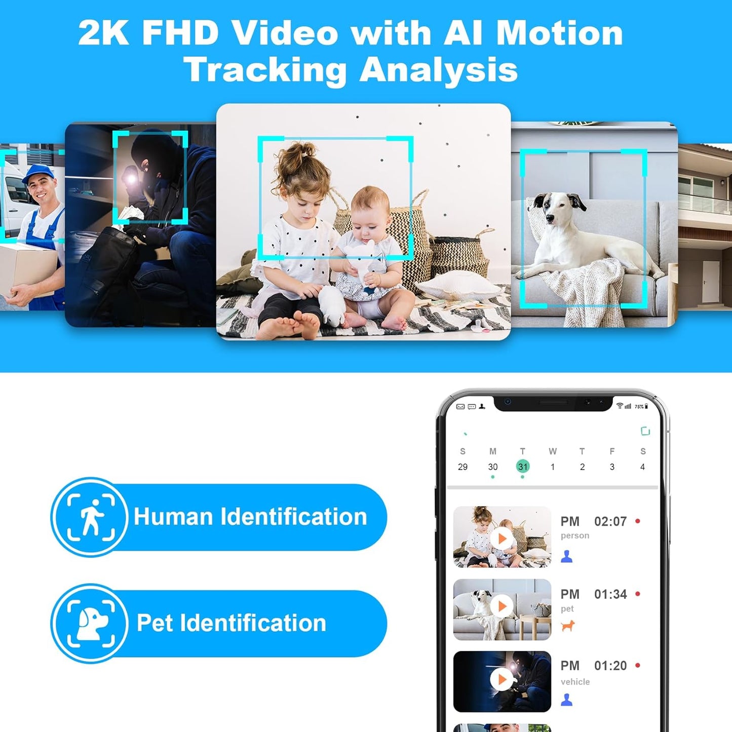Cloarks 2K 5/2.4 2-Way 24/7, Indoor Camera, GHz WiFi Pan/Tilt Security Camera with AI Motion Detection, One-Click Call