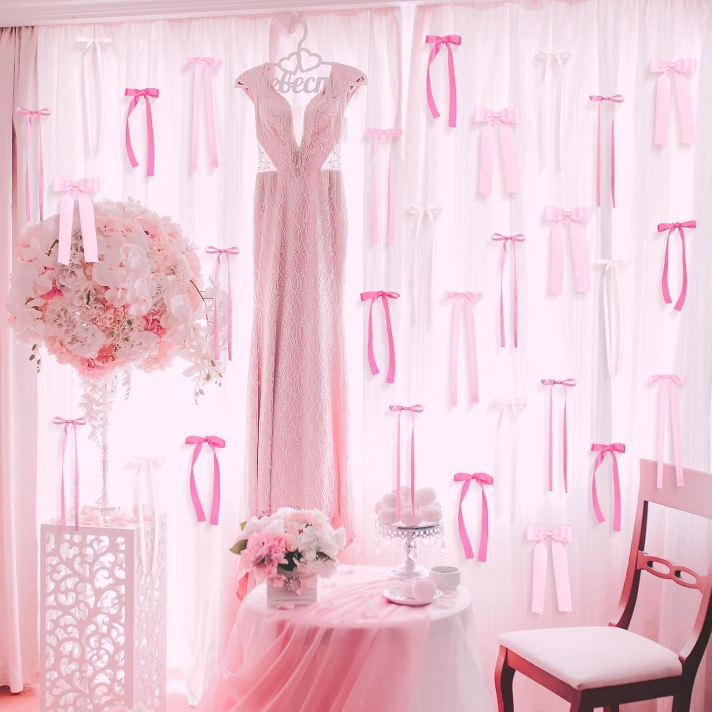 Skiennix 40Pcs Pink Bow Wall Decor - DIY Photo Backdrop & Garland for Birthday, Baby Shower, Bachelorette Party