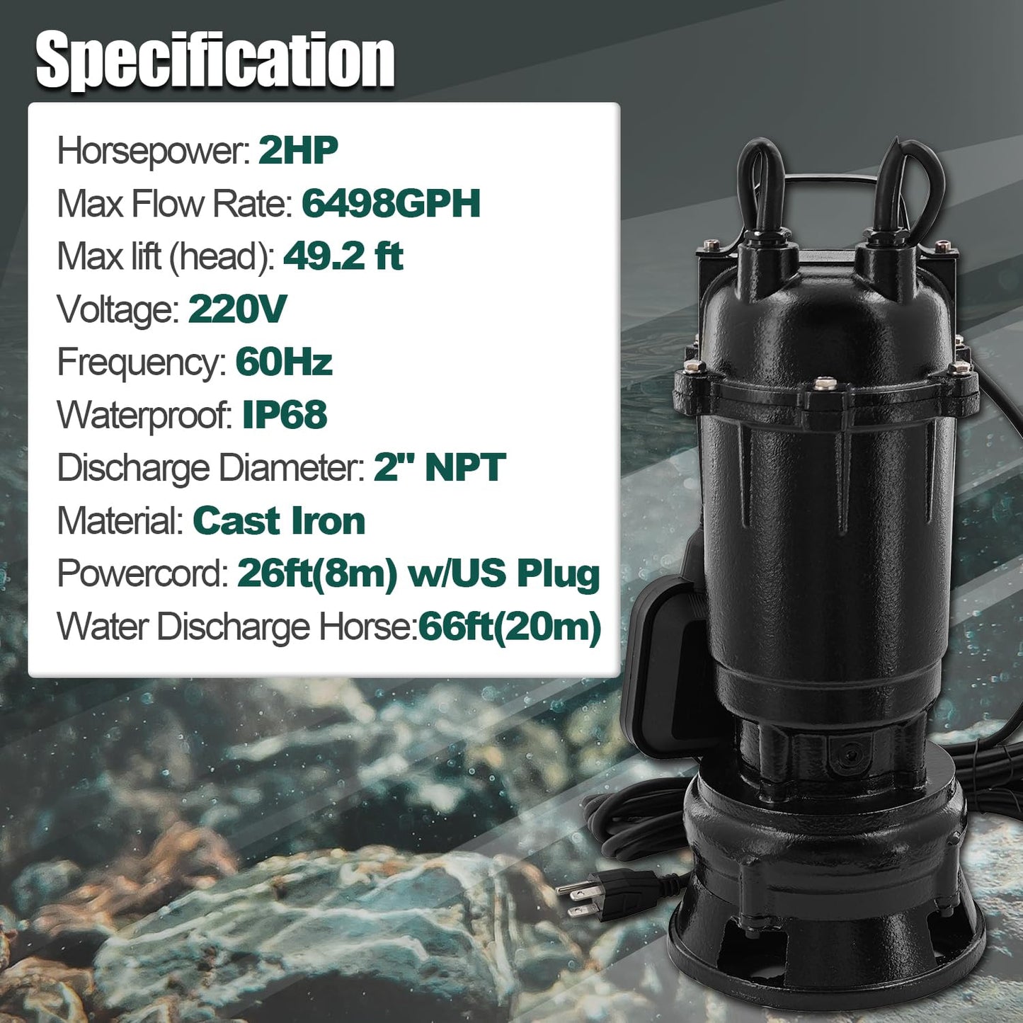 Dewinston 2HP 220V Submersible Sump Pump, 6498GPH Cast Iron Sewage/Effluent Pump 1500w with Automatic Float Switch and 66ft Hose for Sump Basin, Basement, Residential Sewage, 2'' NPT Discharge