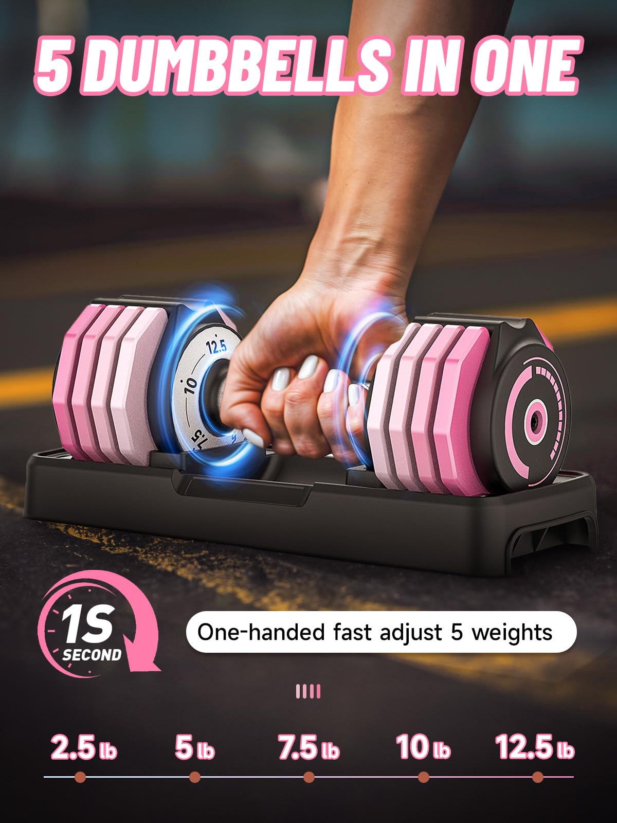 Motion Space Adjustable Dumbbells Set 12.5LB Pair, 1-Sec Fast Adjustable 5 Free Weights, Premium Comfort Non-slip Metal Handle, Compact Size for Full Body Home Workout (Pink)