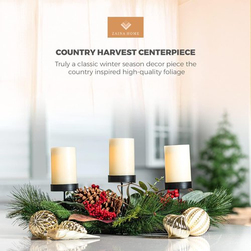 Country Harvest Christmas Centerpiece - Handcrafted Holiday Table Décor with Eucalyptus & 3 Candle Holders