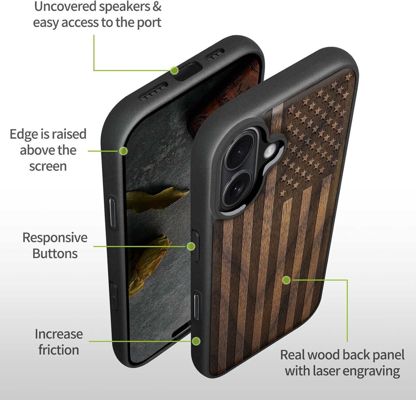 Carveit 17 Magnetic Wooden Case for iPhone Case, Wood Artisan Engraved & Black Soft TPU Shockproof Cover, Compatible