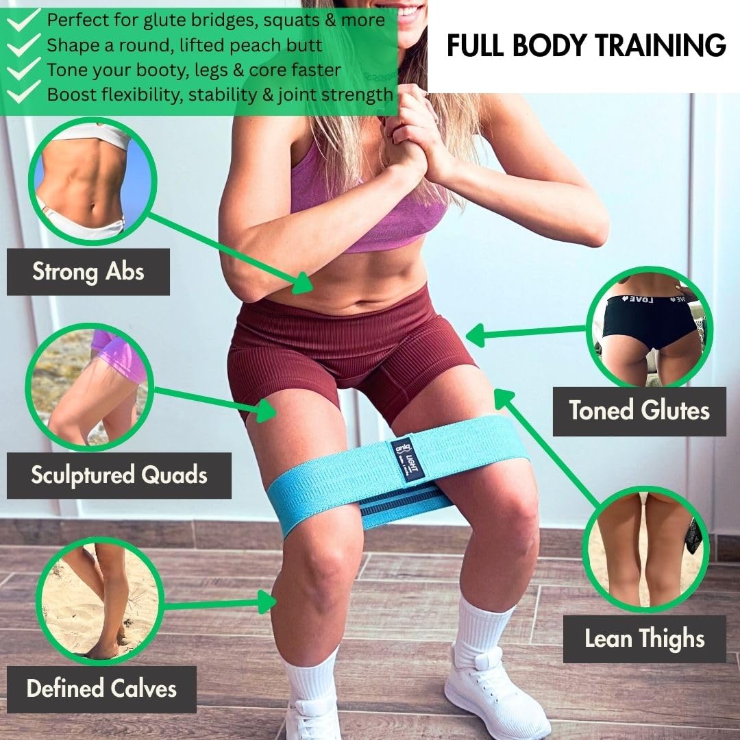 ANIQ® Fabric Resistance Bands – Non-Slip Booty Bands Set – 3 Levels for Legs, Glutes & Physical Therapy – Washable Cloth Loop Workout Exercise Equipment with Carry Bag, Headband for Pilates & Yoga
