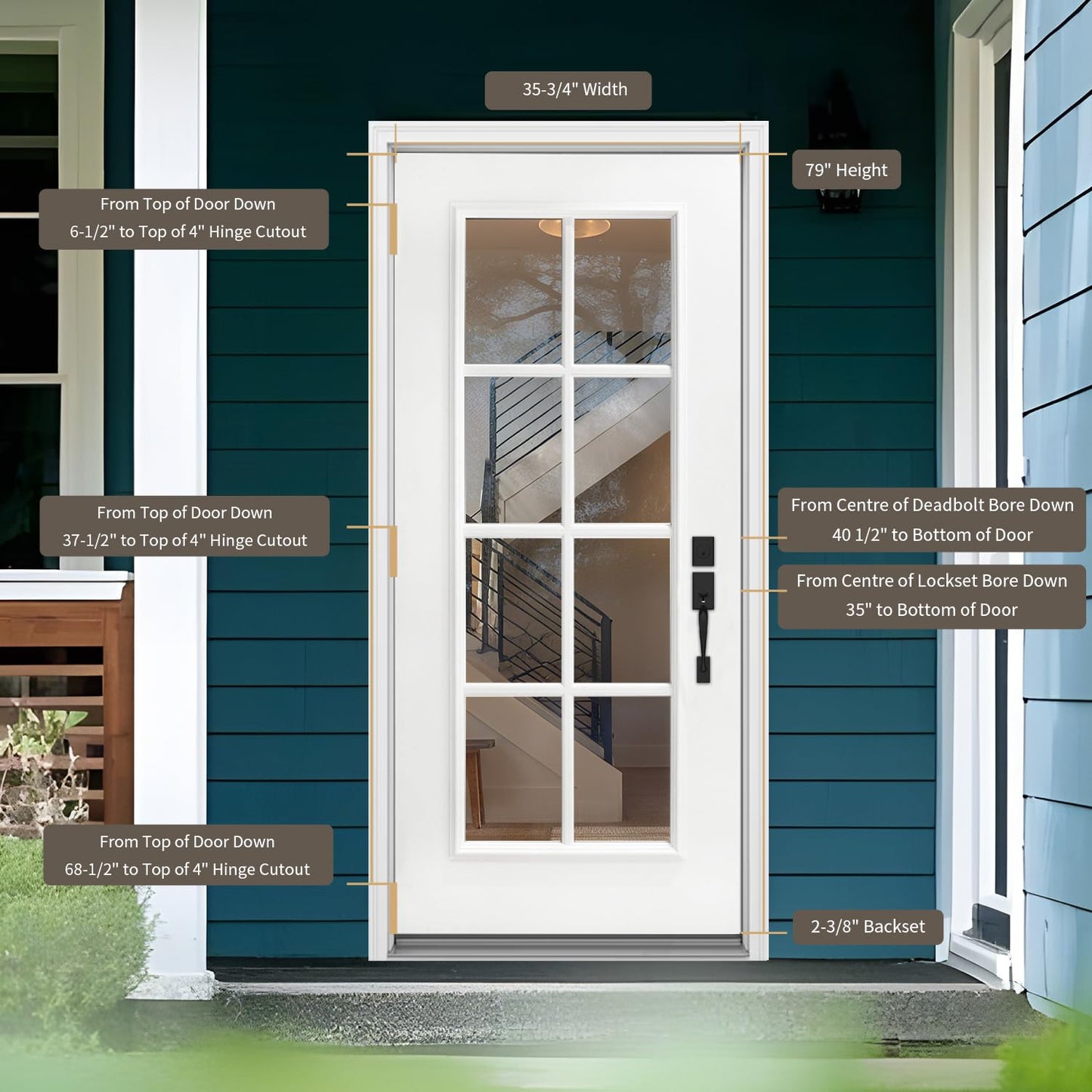 Fiberglass Exterior Front Door 36 x 80'', 8 Lite Low-E Glass Left-Hand Inswing Woodgrain Primed Knock-Down Entry Door with 4-9/16'' Brickmould and Vinyl Frame Included