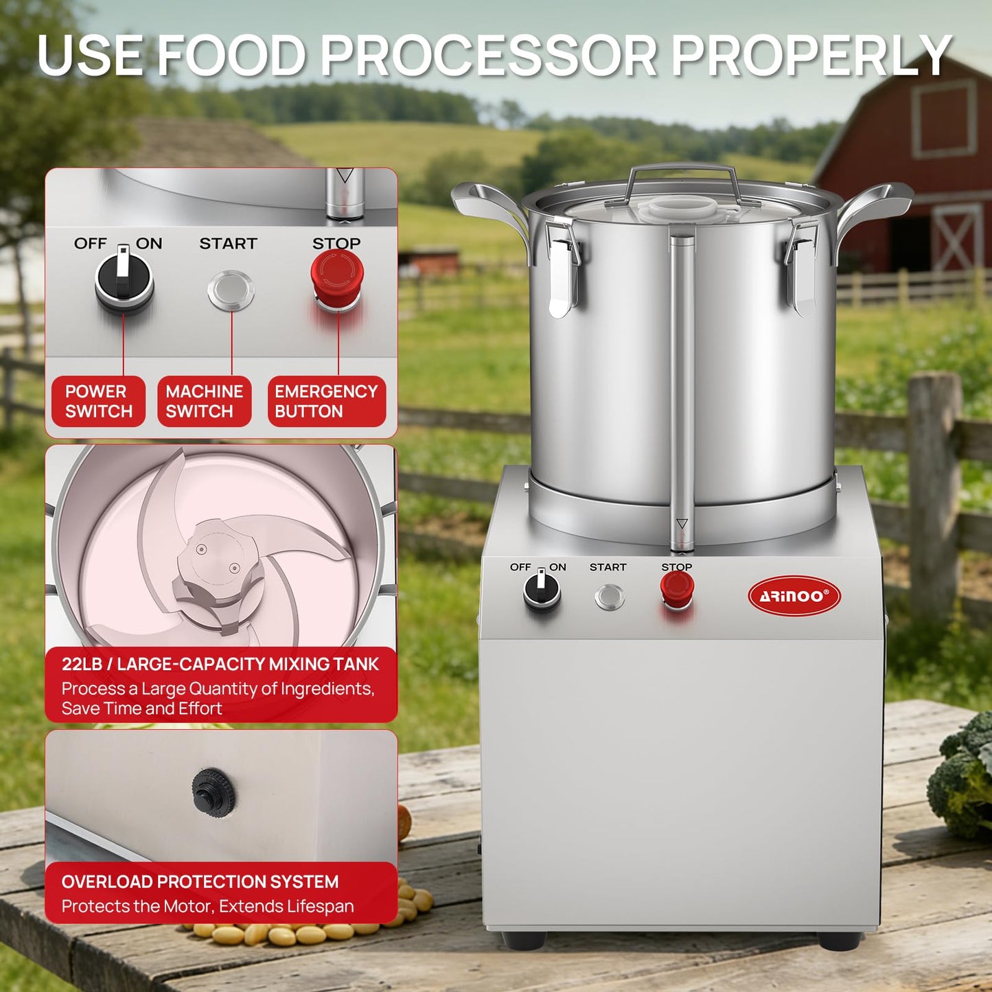 ARINOO 10.6 Commercial Electric Food Processor, 1.5HP Stainless Steel Food Cutter &Vegetable Chopper,for Meat, Vegetables, Nuts, Grains,Restaurants, Farms and Food Preparation