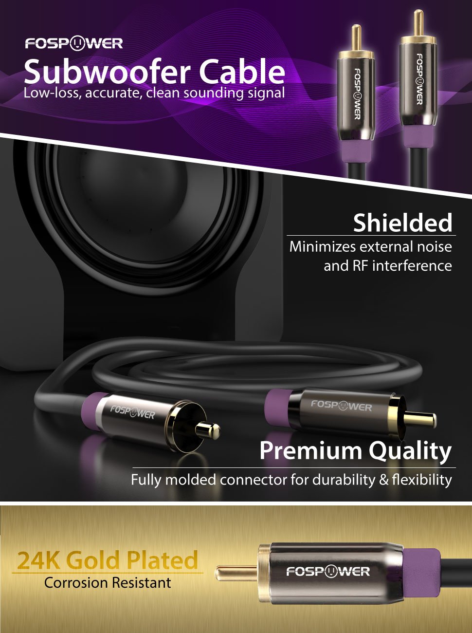 (15 24K FosPower Subwoofer Cable FT) RCA to RCA Audio Stereo Cable, Male to Male - Dual Shielded Cord | Gold Plated