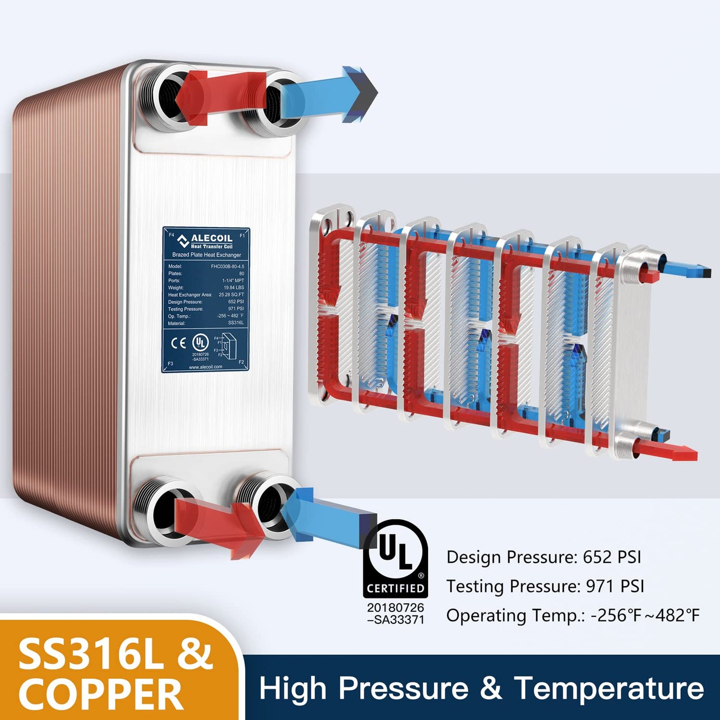 ALECOIL 5"x12" 80 Plates Heat Exchanger with 1-1/4" MPT Port Water to Water 316L Stainless Steel Brazed Plate Heat Exchanger for Water Heating, Floor Heating, Commercial and Industrial Refrigeration