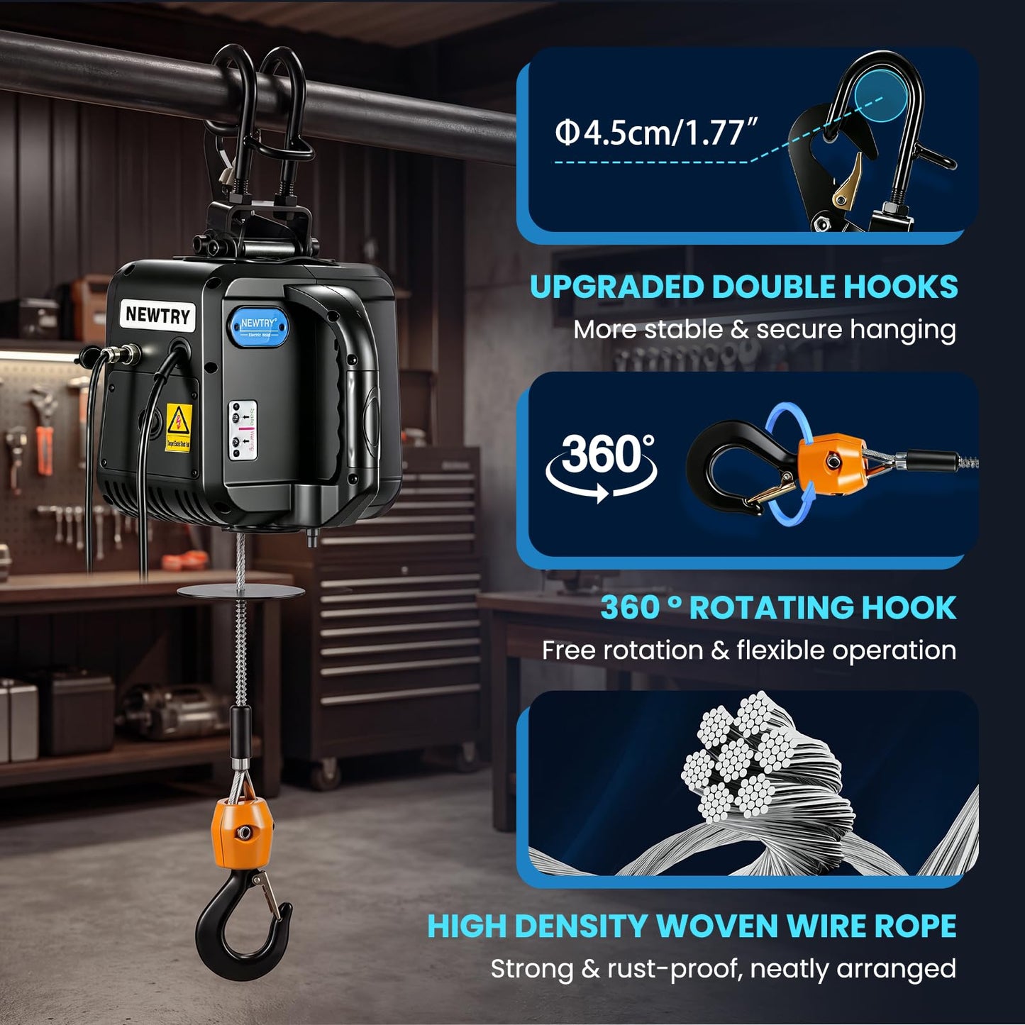 NEWTRY 1,100lb Electric Hoist Pro, Electric Winch 110v 120v, with 2 Wireless Remote Control, Cable Remote Control, Vertically & Horizontally