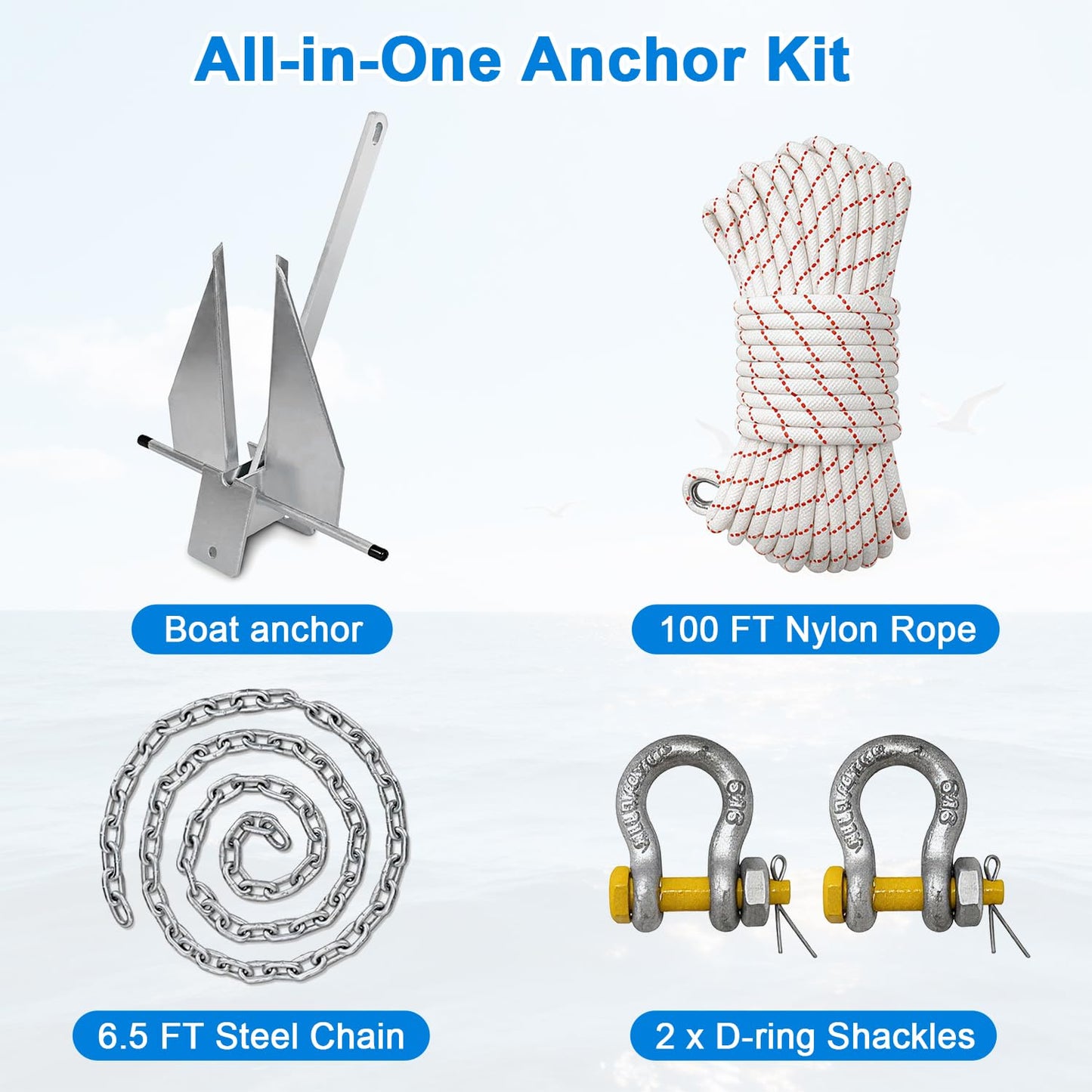 ZYLTHORN Heavy Duty Hot-Dipped Galvanized Danforth Anchor Kit for Boats - 5/8/10/13/18/25lb Fluke Anchor with Chain, Shackles & Rope, Ideal for Pontoon, Fishing & Sail Boats (18lb: Fit 31-35 FT Boat)
