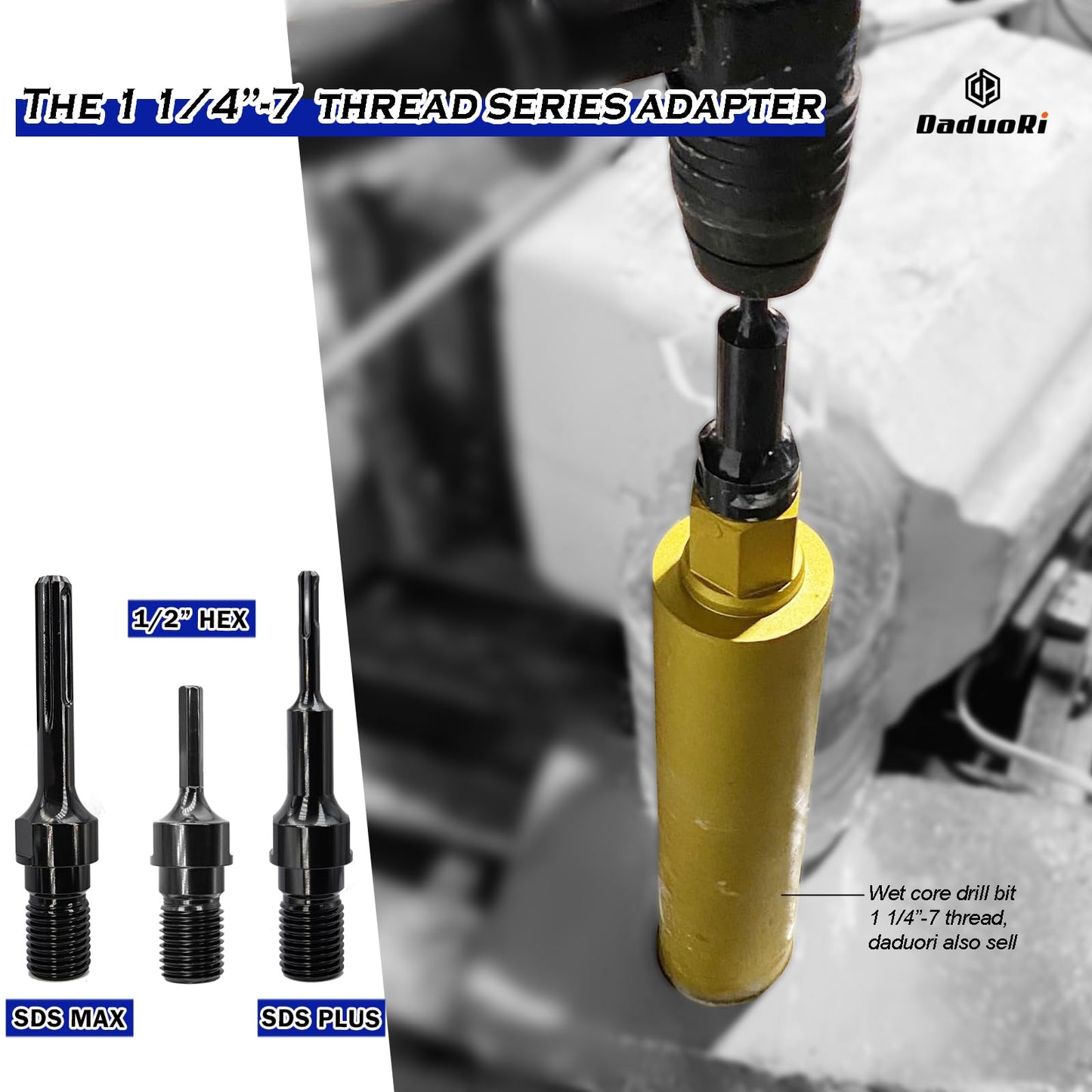 DaduoRi 8 Inch Wet Core Drill Bit & SDS Max Shank Drill Adapter - 8" Diameter Core Bits for Concrete, 14" Drilling Depth, 1-1/4"-7 Thread Diamond Core Bit for Cured Concrete, Masonry, Brick
