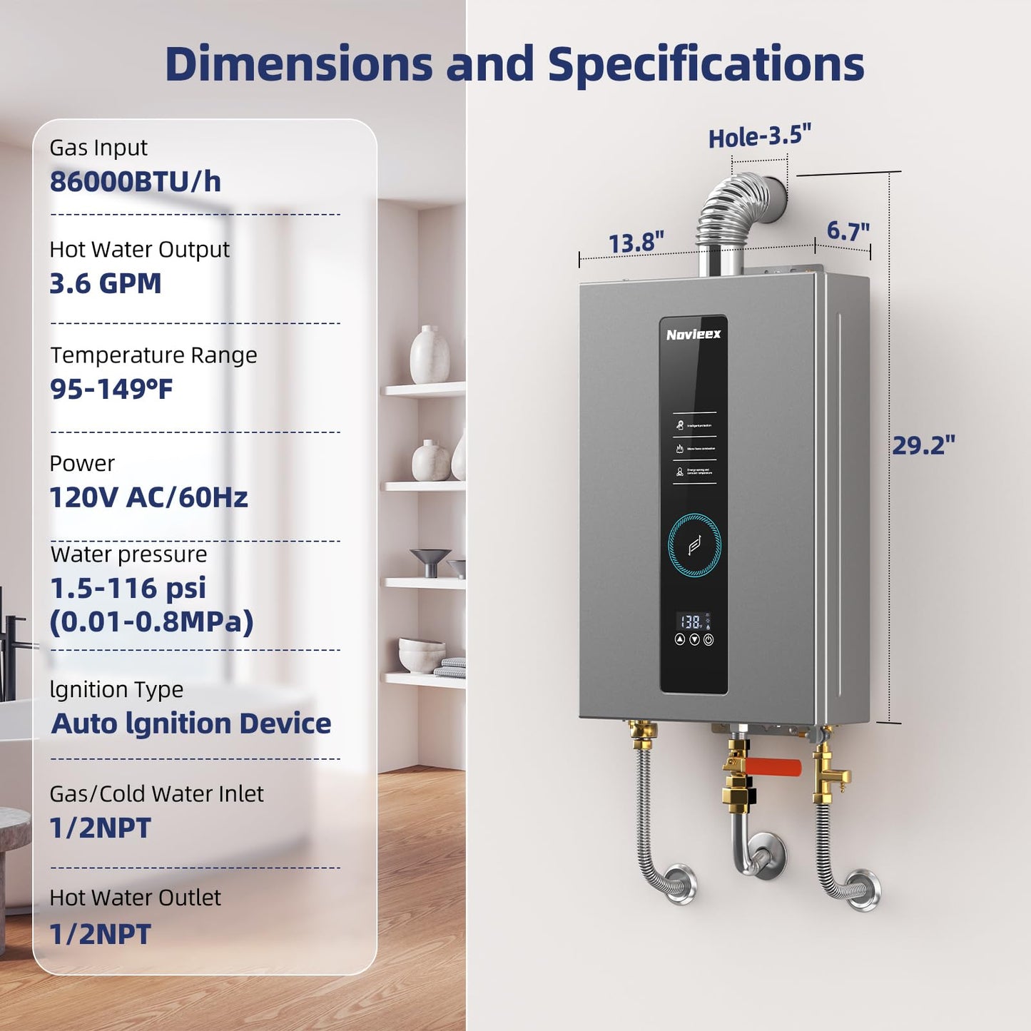 Tankless Water Heater, Novieex On Demand Water Heater Natural Gas, Up to 3.6 GPM, 86,000 BTU Instant Hot Water Heater with LED Display, Indoor Installation, 2-3 Point Use for Family Bathroom Kitchen
