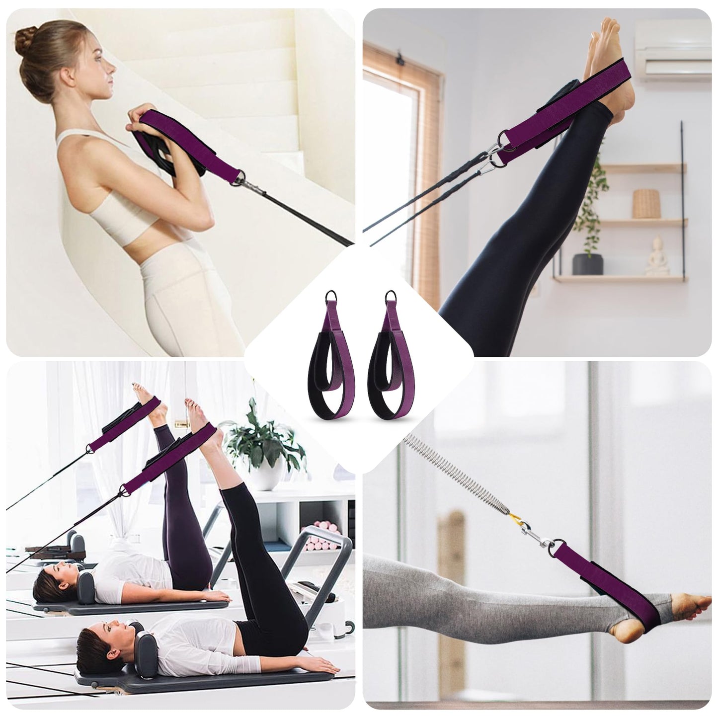 2PCS Pilates Double Loop Strap for Reformer Fitness D-Ring Straps Handle, Yoga Pilates Equipmen D-Ring Exercise Strap for Gym Workout Home (Purple)