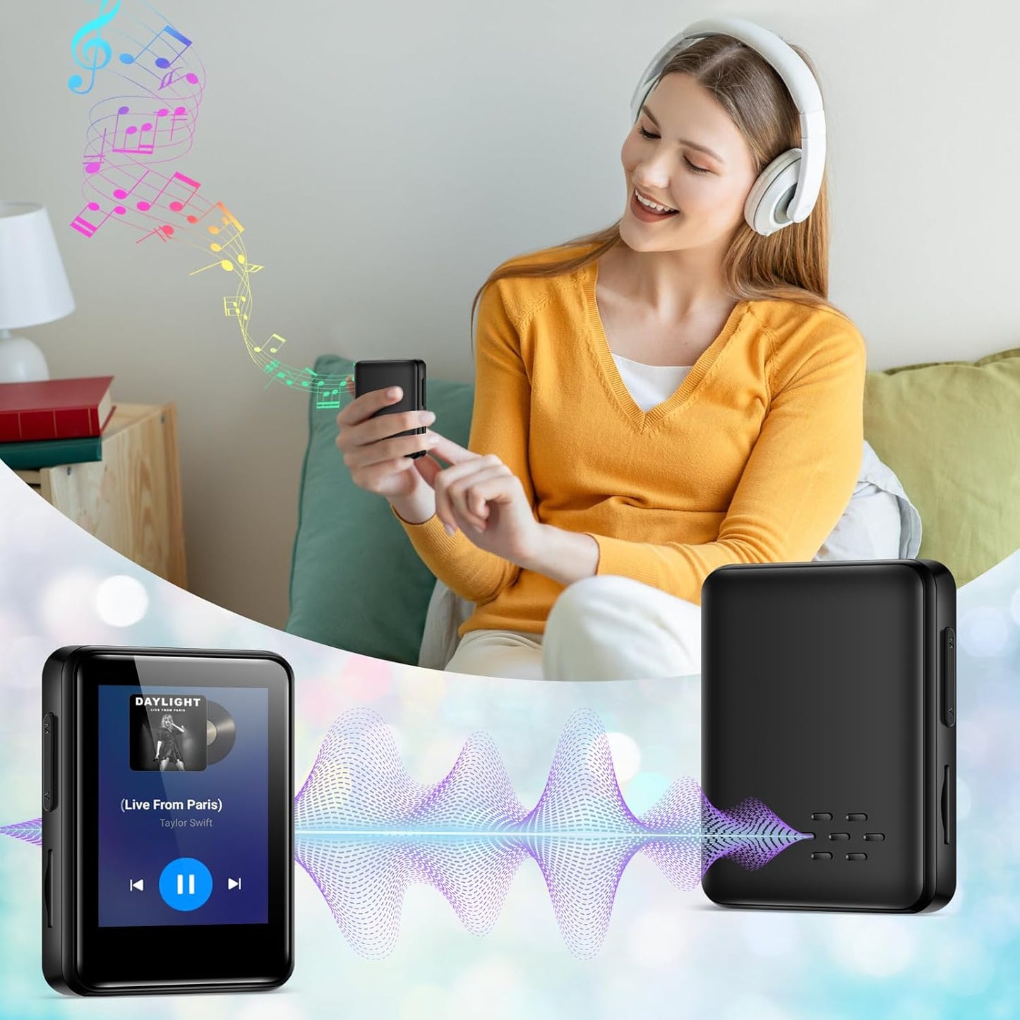 woolynew MP3 32GB 1.8 inch 512GB, Music Player with Bluetooth, Portable Mini Music Player with Screen, Speakers, FM