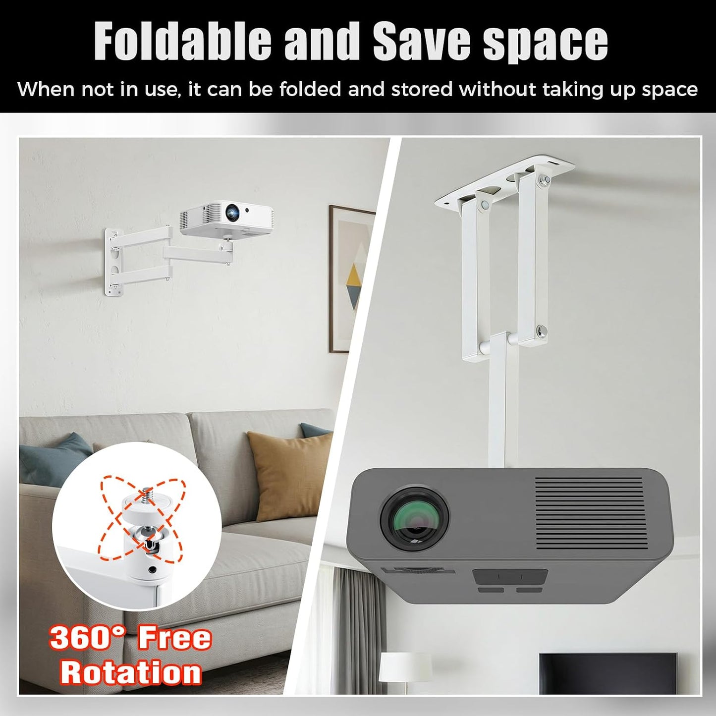 CroBlissful 360 1/4" Foldable Projector Wall Mount, Ceiling Projector Mount, Universal Adjustable Rotation, Projectors