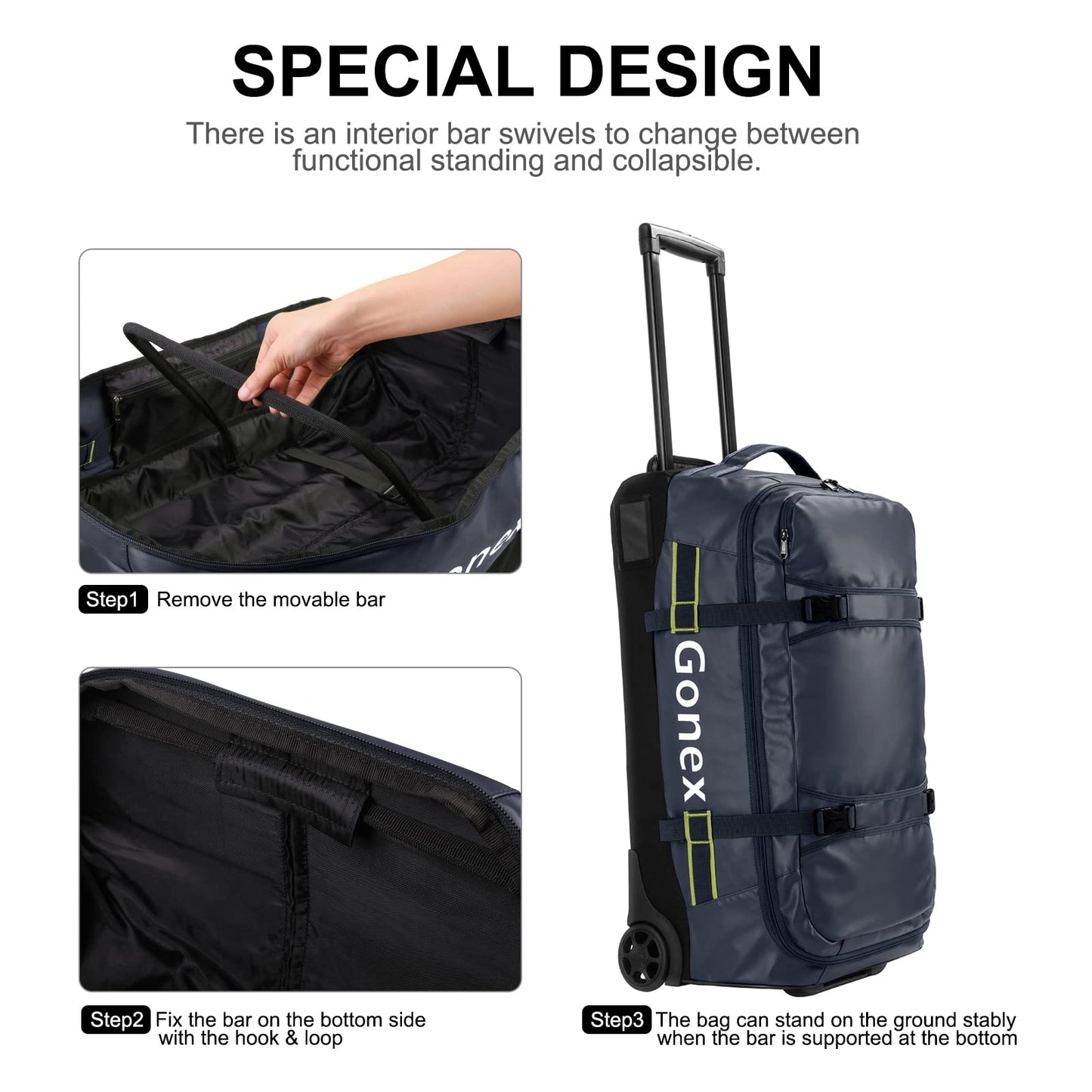 Gonex Rolling Duffle Bag with Wheels, 70L Water Repellent Wheeled Travel Duffel Luggage with Rollers 25 inch, Navy