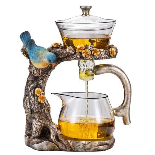Fire Kirin Glass Teapot Set Animal Bird Design Semi-automatic Drip Rotating Bowl with Infuser Lazy Kungfu Tea Pot Set (teapot)
