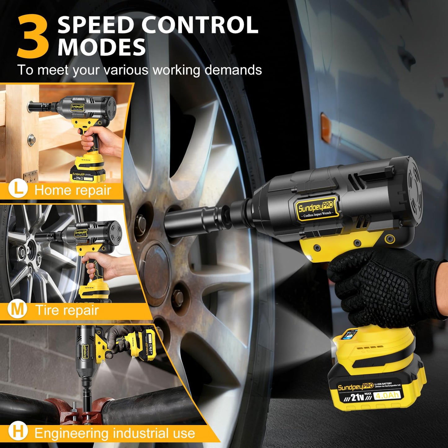 SundpeyPRO 21V Cordless Impact Wrench - 1600Ft-lbs(2100N·m) Heavy Duty High Torque Brushless 3/4 Impact Gun with 2 x 4.0Ah Batteries & Fast Charger 3/4" to 1/2" Adapter & 5 Sockets for Car Industrial