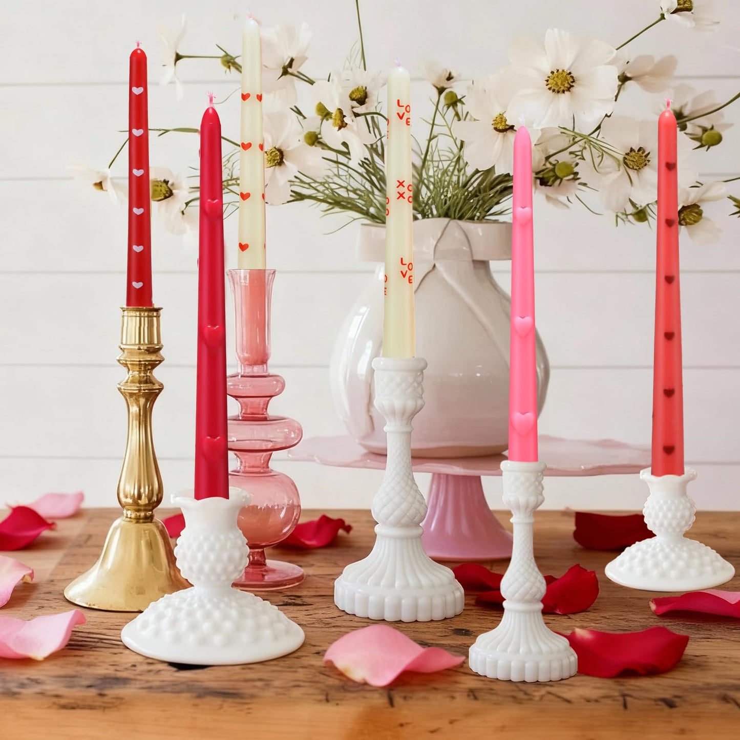 Threlaco 6pcs Pink Red Heart Taper Candle Set 10 Inch Valentine's Candle Sticks Valentines Decorative Candles Long Unscented Candlesticks for Valentine's Day Party Table Anniversary Wedding Decor