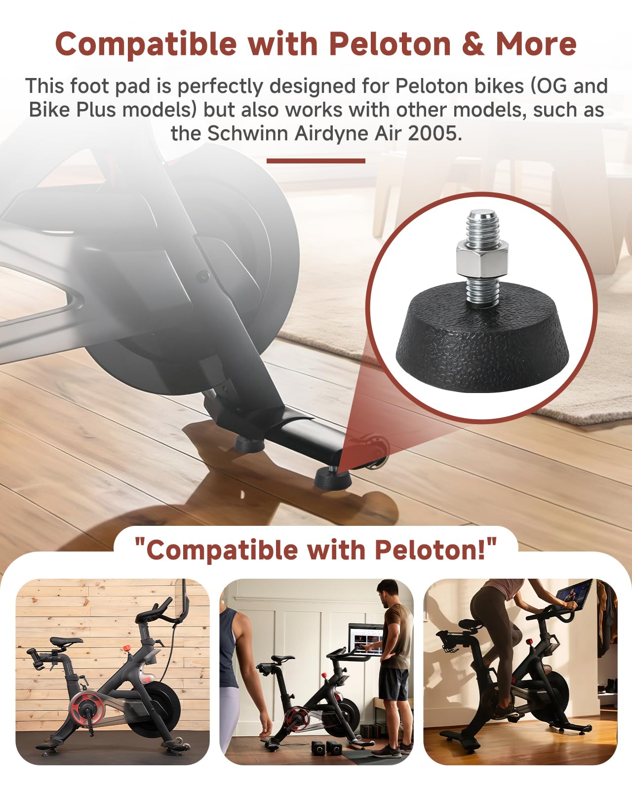 4 Pack 3/8 Inch Leveling Foot Pads with Stainless Steel Screws, Rubber Swivel Non-Slip Shock Absorbing, Compatible with Peloton Bike and Bike+, Replacement Leveling Feet for Spin Bike Stability