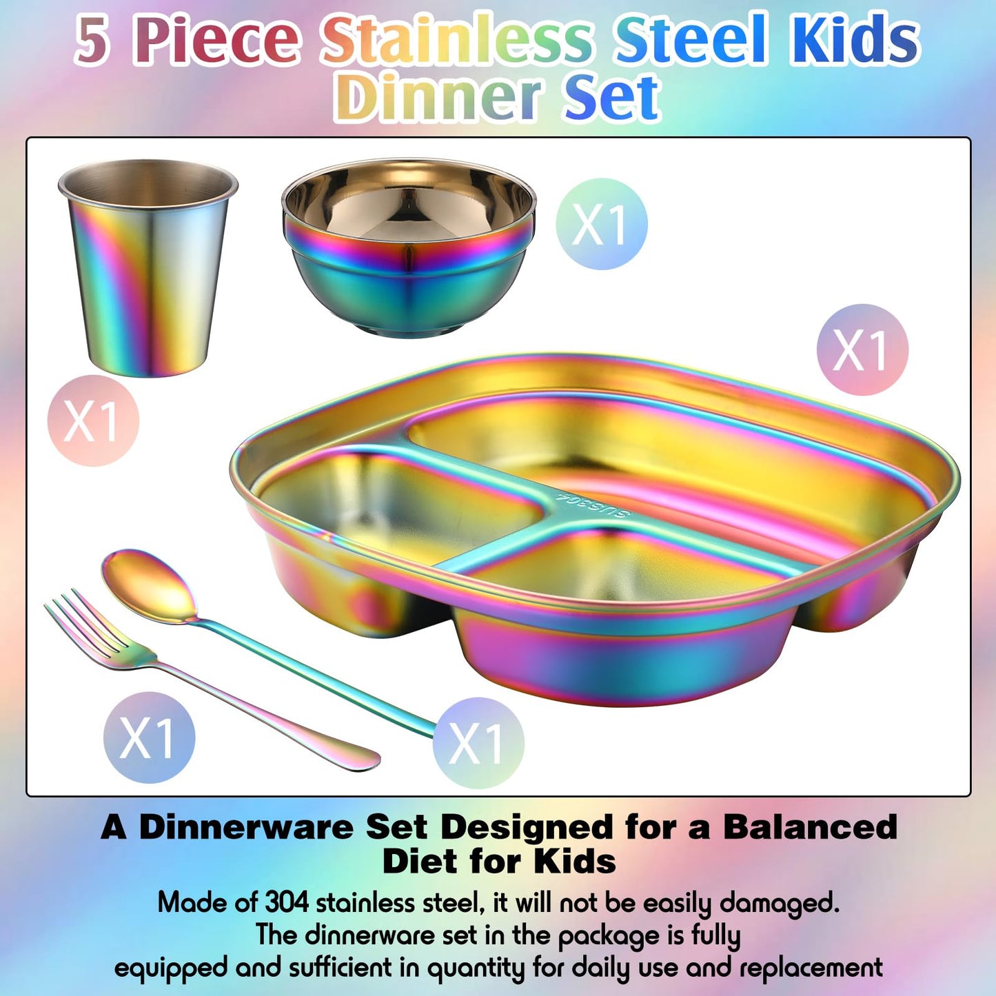 Tioncy 5 Pcs Stainless Steel Kids Dinner Set, 1 Bowl, 1 Balanced Bites Divided Plate, 1 Cup, 1 Spoon and 1 Forks, Stainless Steel Lunch Plates Dinnerware Set for Kids Toddlers(Classic)