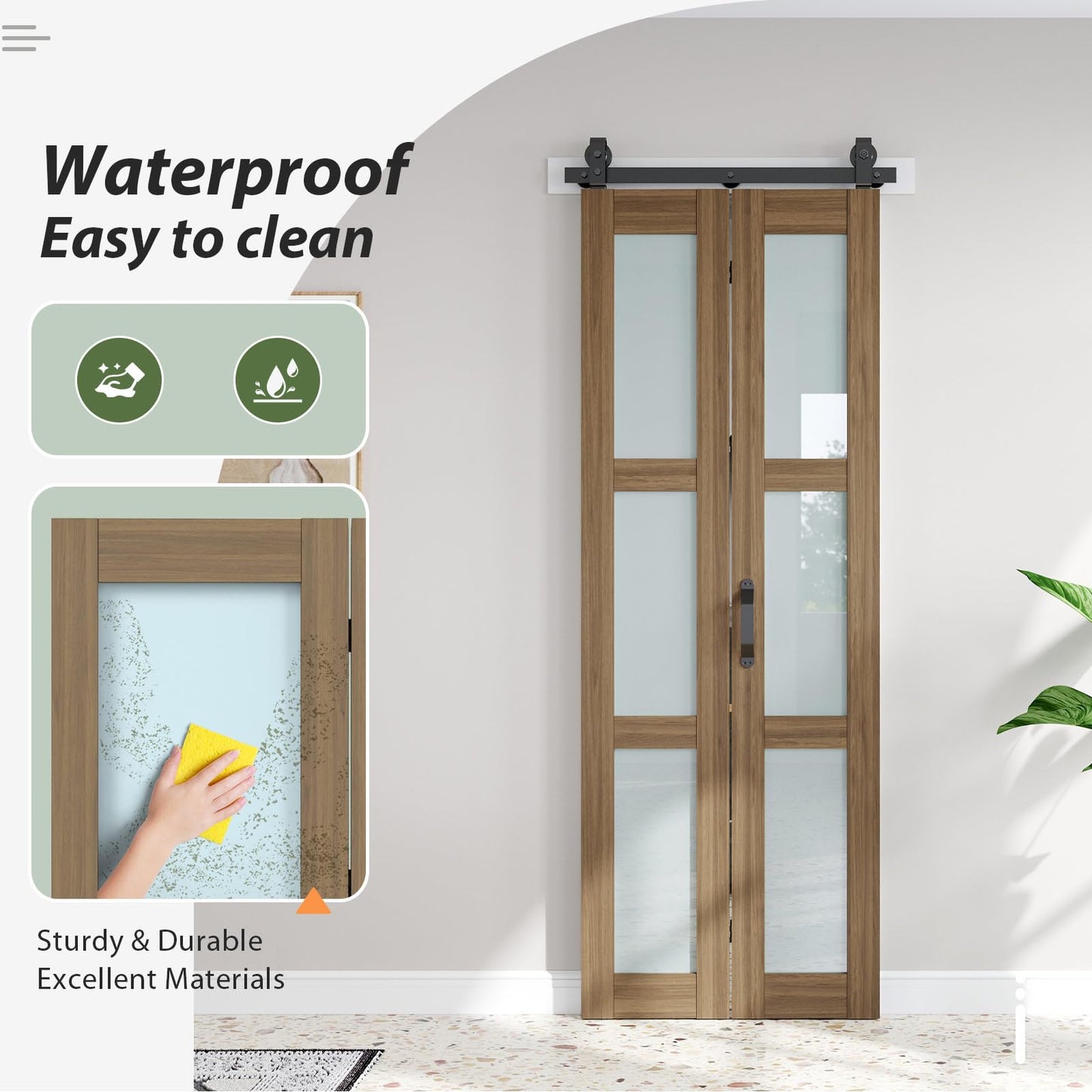 FREDBECK Glass Bifold Barn Doors 32X84(Double 16x84) with Hardware Kit Included, Brown,Water-Proof PVC Surface for Bedroom,Bathroom,Assembly Required