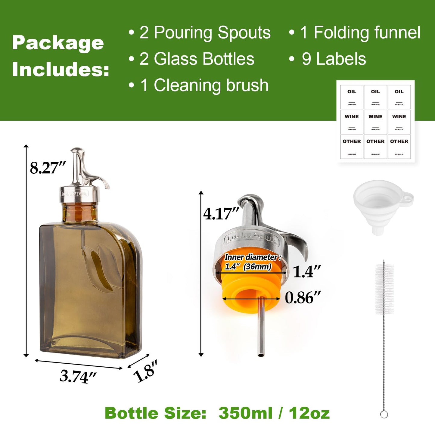 Lu-lupour Olive Green 12oz Glass Olive Oil Bottle Dispenser - 350ml Oil and Vinegar with Pourers and Funnel - Oil Dispenser Bottle for Kitchen