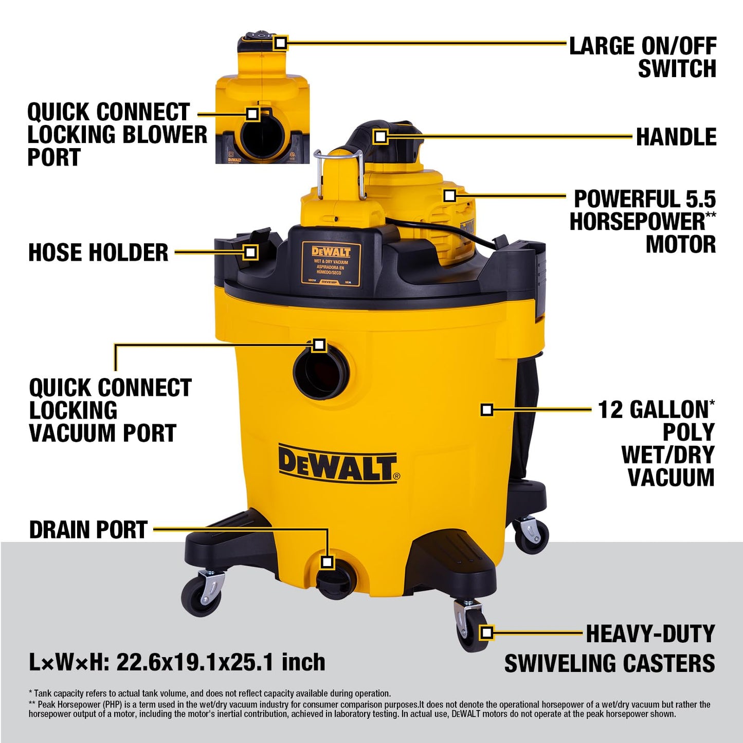DEWALT Shop Vacuum Wet and Dry Vac with Detachable Leaf Blower, 3 in 1 Heavy Duty Wet Dry Vacuum Cleaner 12 Gal for Home, Garage, Car, Workshop, Jobsite, Lawn Care, Yard, Patio, 5.5 Peak HP, DXV212P