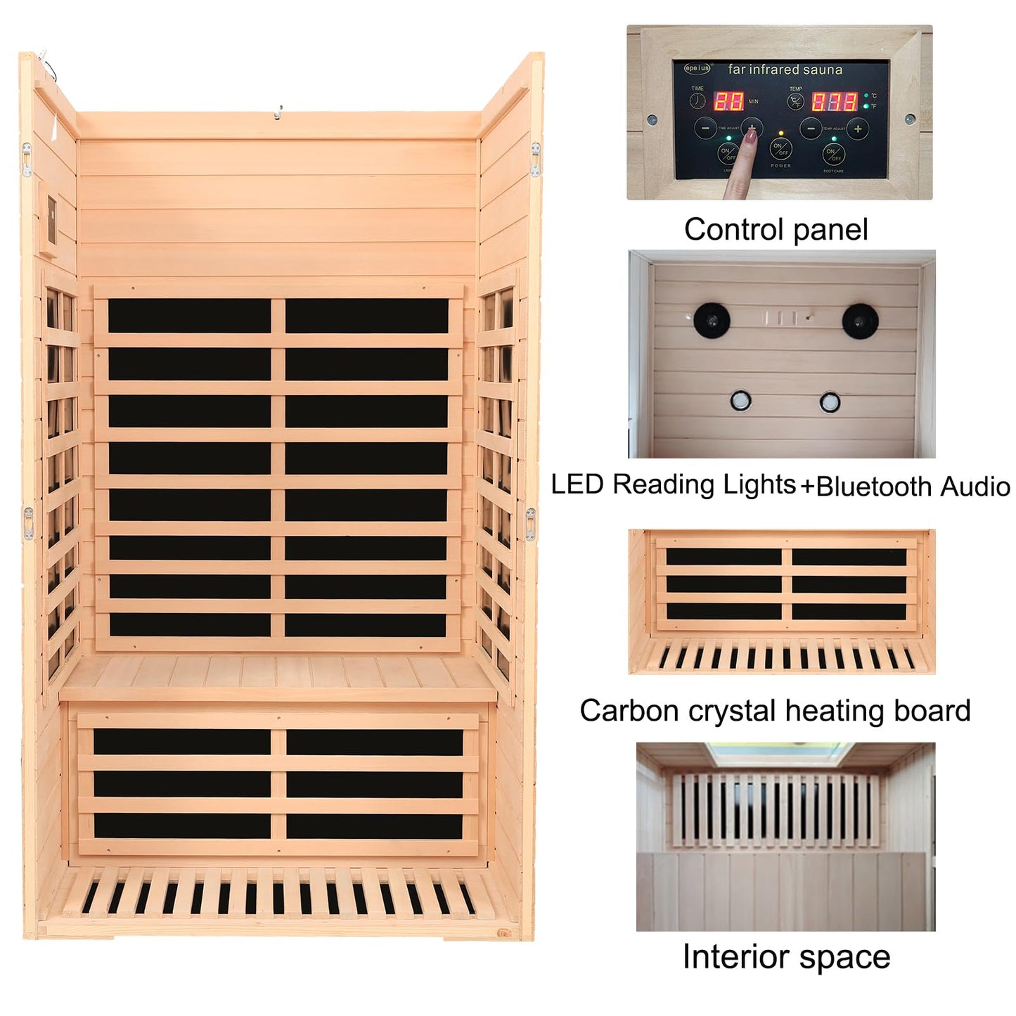 2 Person Infrared Saunas for Home Spa, Low EMF Far Infrared Sauna, Hemlock Wood Indoor Personal Sauna Roombox with 2 Blue-tooth Speaker, 2 Reading Lights, Control, 5 Heating Panels,1500 Watts/120V/15A
