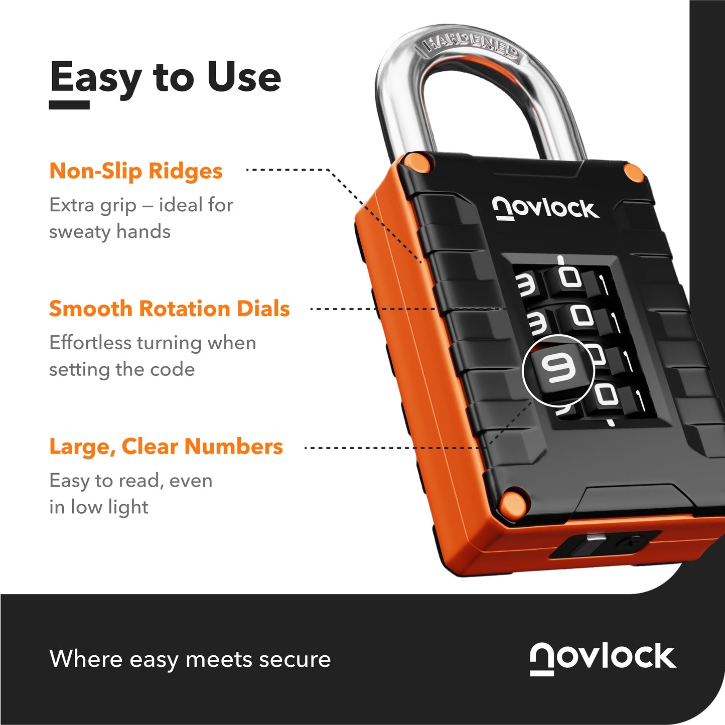 NOVLOCK Locker Lock for Gym, School, Home & Work | 4-Digit Combination Padlock | 1-Pack, Black/Orange