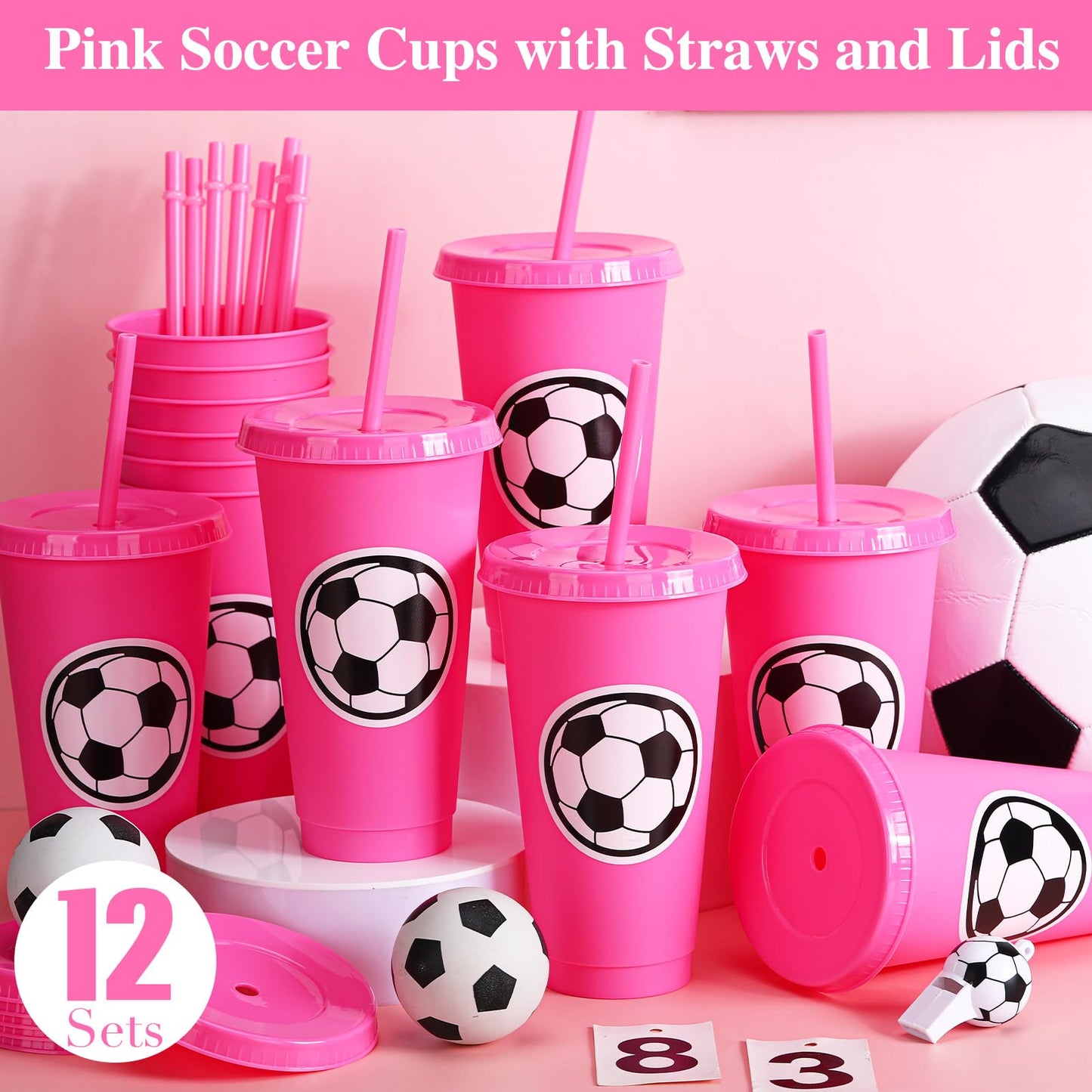 Domensi 12 Pcs Sport Soccer Plastic Cups with Lid and Straw 24 oz Reusable Plastic Cups Coffee Tumblers Gift for Fan Friend Guest Birthday Office Sport Party Supplies (Pink)