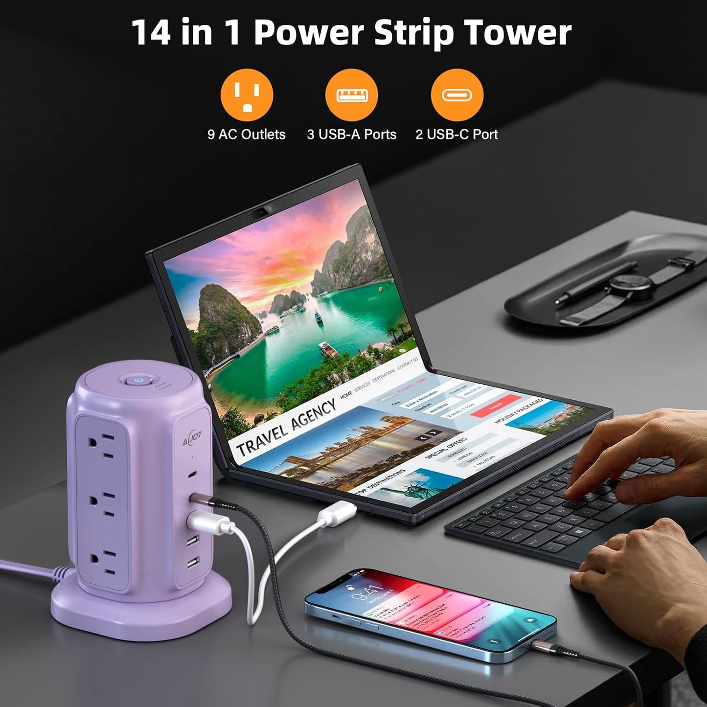 AiJoy 9 5 1200J 1625W USB C Power Strip Tower, AC Outlets and USB Ports Power Tower, Surge Protection, Flat Plug