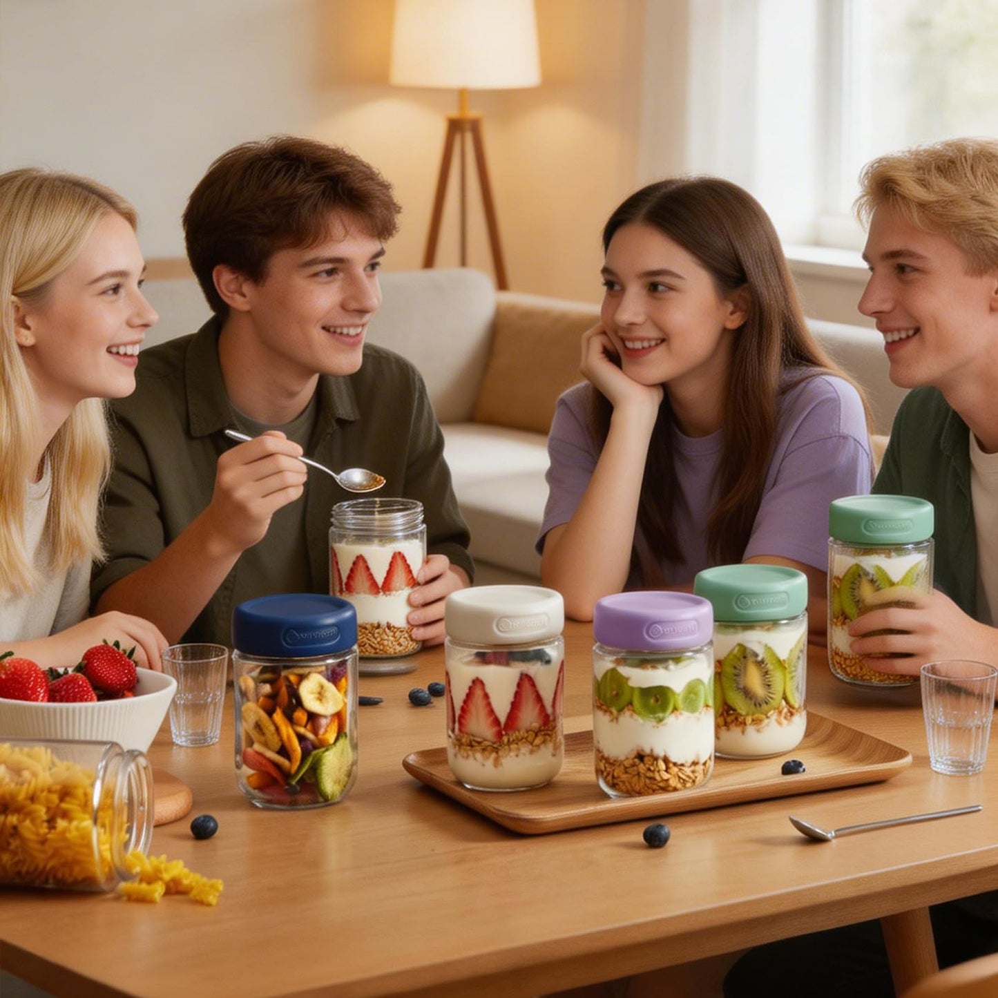 Spreccio 6 Pack 16oz Glass Jars with Lids, Overnight Oats Containers with Lids, Yogurt Jars for Chia Pudding Salad Cereal Coffee Seed Kimchi Jam Spices
