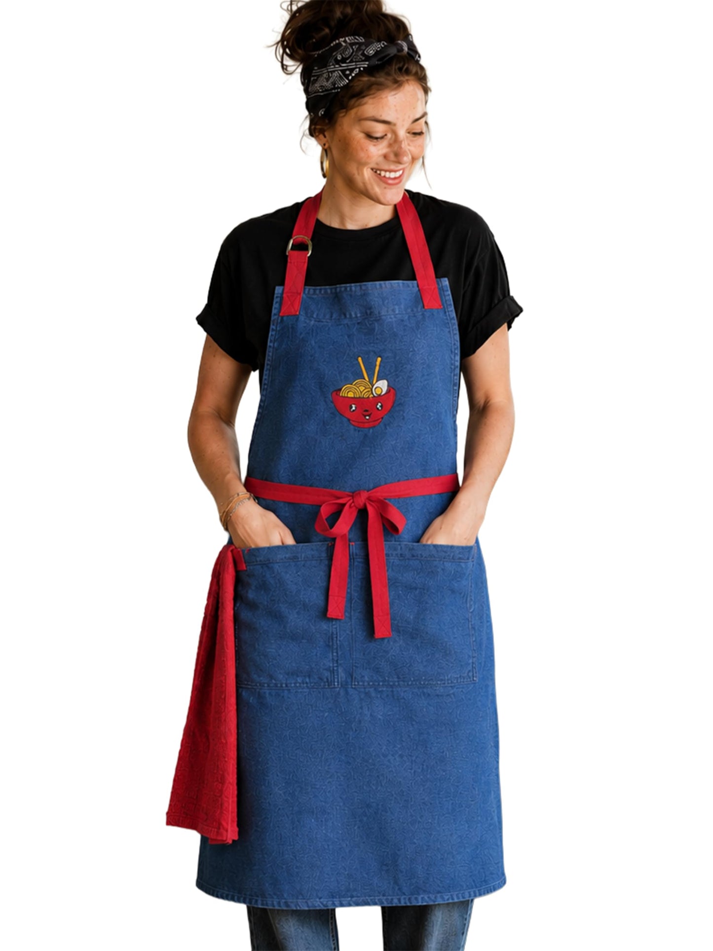 Denim Blue Kitchen Apron with Attached Red Terry Towel – 100% Cotton Denim Chef Apron for Men & Women with 2 Pockets, Adjustable Neck & Long Ties – Durable Barista, BBQ & Cooking Apron