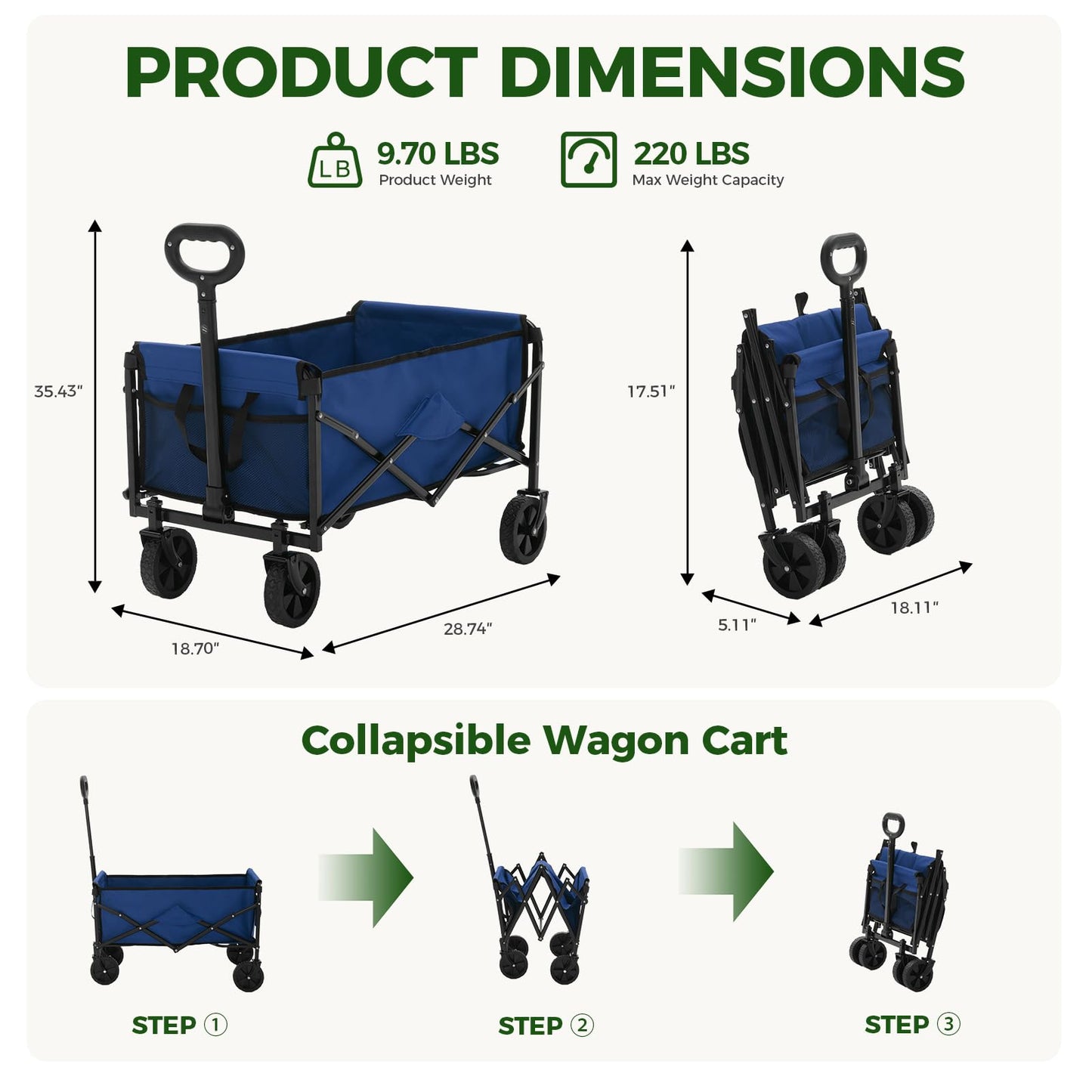 DUMOS Collapsible Wagon Cart, Heavy Duty Foldable Utility Wagon with Wheels – 220 lbs Capacity, Flexible Handle for Beach, Garden, Sports, Grocery & Camping, Blue