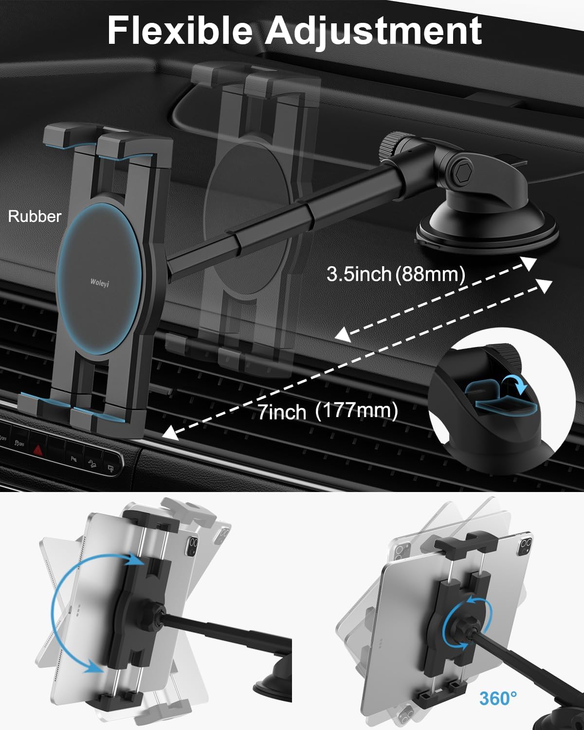 woleyi 4.7-11" Dashboard Car Tablet Mount, Telescopic Tube Suction Cup Car Tablet Holder, Compatible with iPad