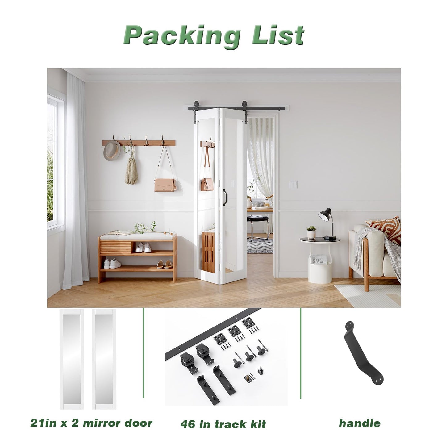 FREDBECK Preassembled Bifold Barn Door 42x84 (Double 21x84) with 1 Lites Mirror,Bi-fold Closet Doors Hardware Kit Included,46" Track for 2 Doors, PVC, White,for Living Room, Bathrooms, Kicthen
