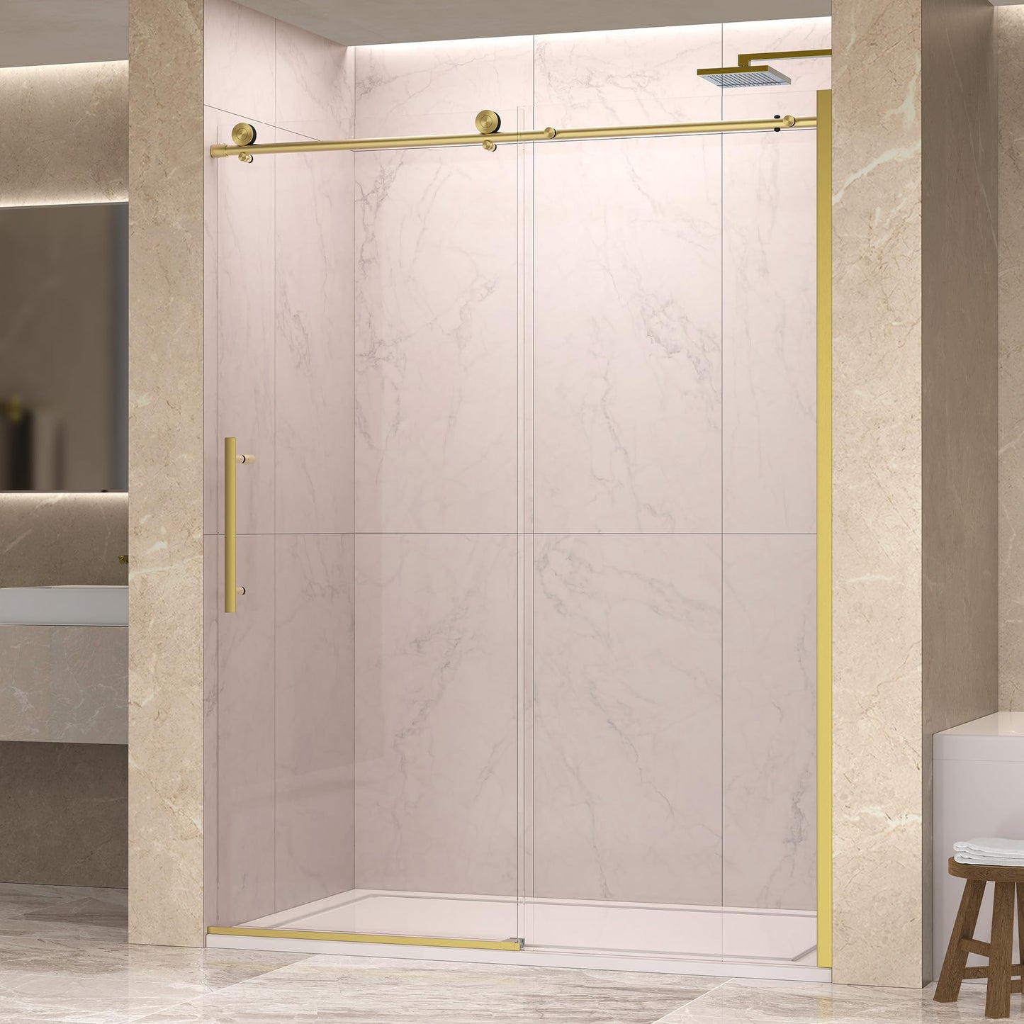ENSO SENKA 56-60” x 76” Frameless Shower Door, 5/16" (8mm) Clear SGCC Tempered Glass, Bathroom Glass Sliding Shower Doors, Brushed Gold